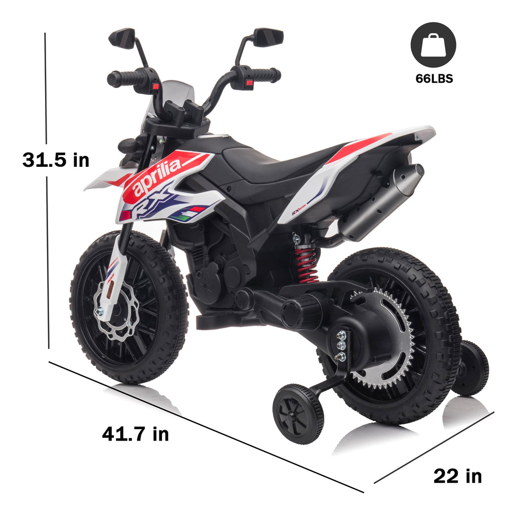 Track 7 12 V Ride on Motorcycle, Licensed Aprilia RX125 Kids Electric Motorcycle with Training Wheels, Spring Suspension, LED Lights, Music, White