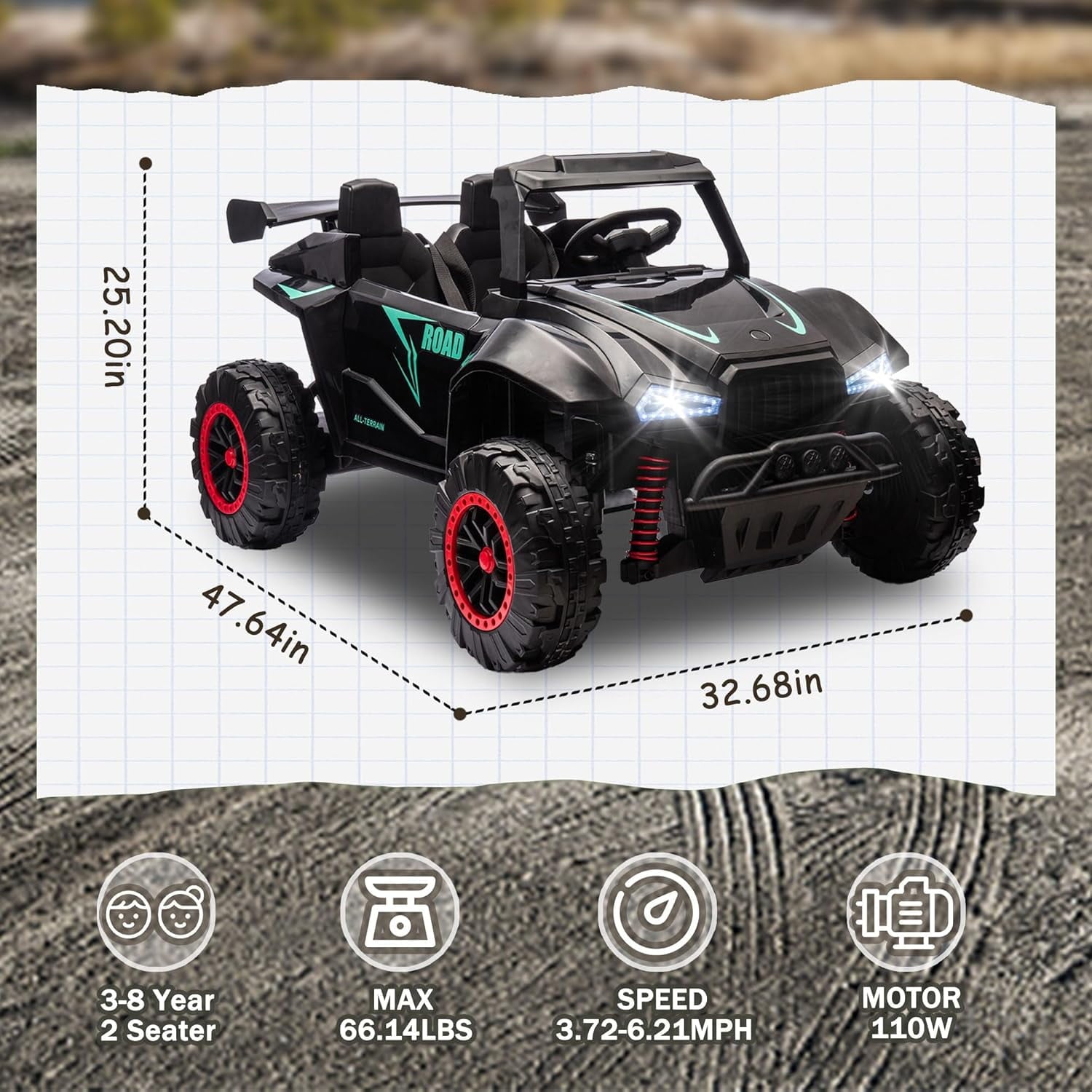 Track 7 24V 2-Seater Ride on Car, Kids Electric Car with Remote Control, 20.4" Extra Width Seat, Bluetooth, Power Display, 24V Ride on Truck for Boys Girls Age 3+, Max Speed 6.21 mph, Black