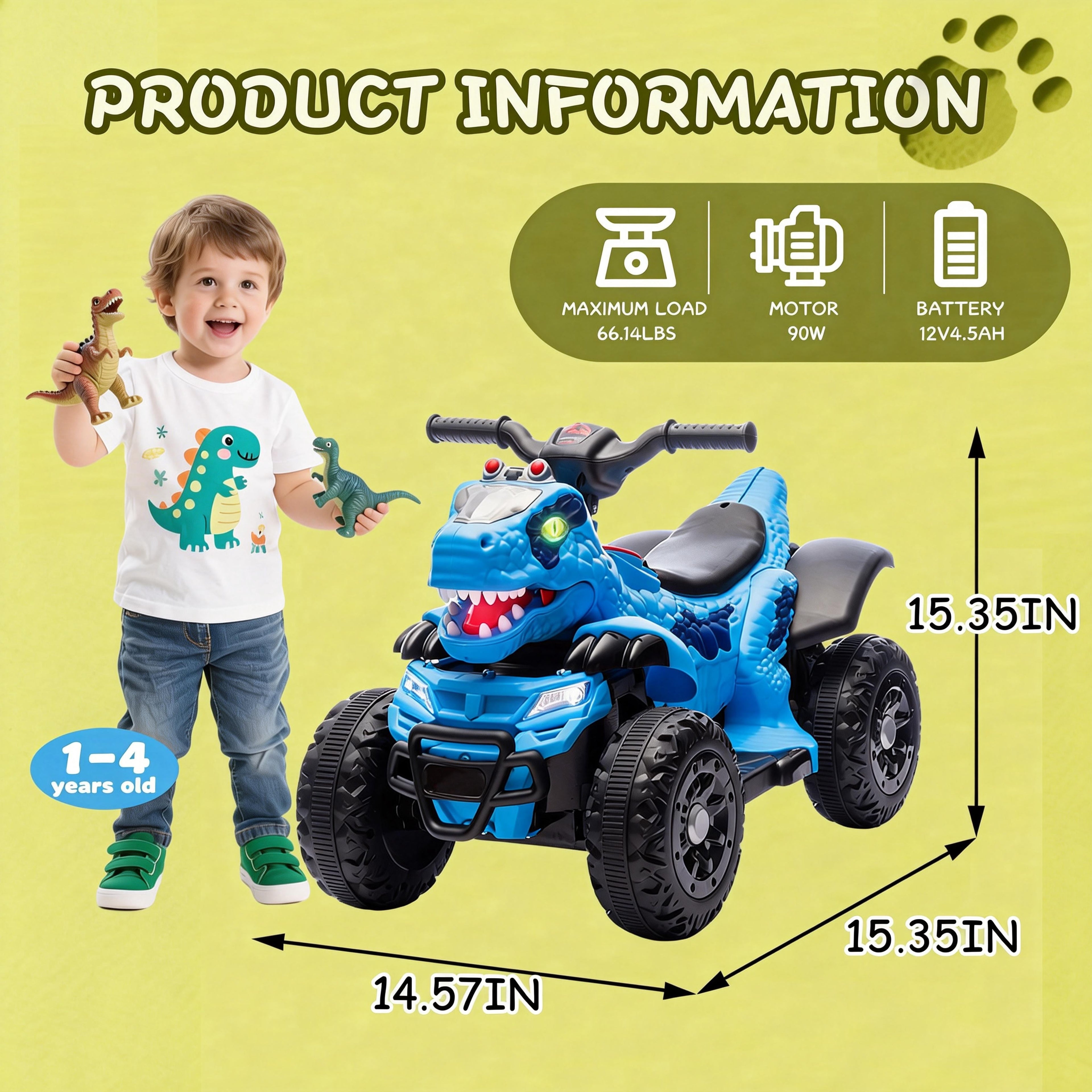 Track Seven 12V Ride-On ATV, Dinosaur Shape Electric Car, 2WD, Music, Bluetooth, Power Display, Indoor& Outdoor Ride-On Toy Car for Boys Girls Age 2+