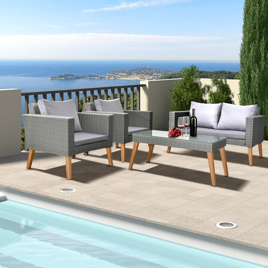 COOKCOK Patio Furniture Set, 4 Piece Garden Conversation Set, Outdoor  Patio Loveseats with Resin Rattan Table for Porch, Poolside, Gray