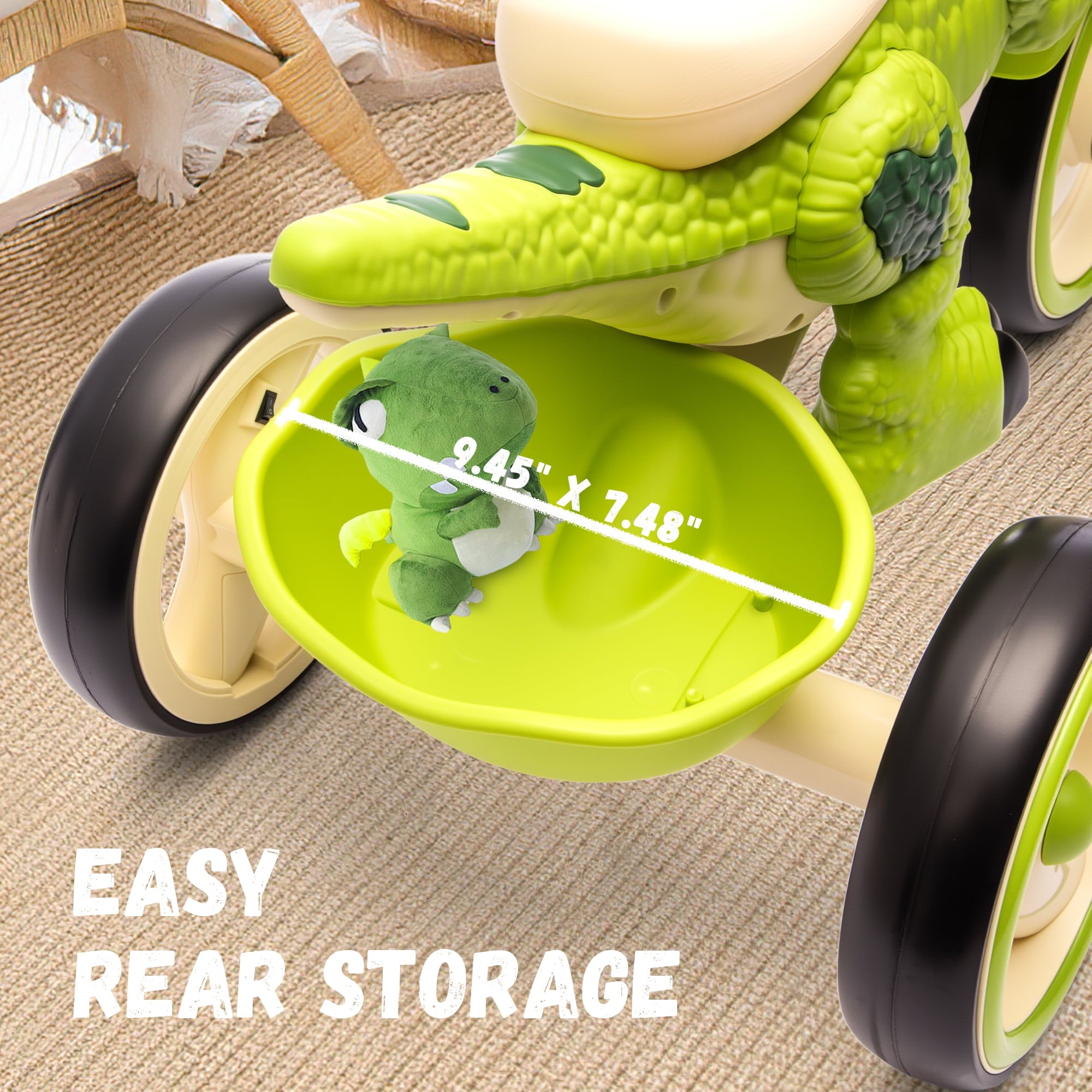 Track Seven Dinosaur Kids Tricycle for Rider, Toddlers Trike Bike with Music, LED Lights, Storage Basket, 360 ° Swivel Steering, Preschool Daycare Kids Bike  for Boys Girls 2+ Years, Green
