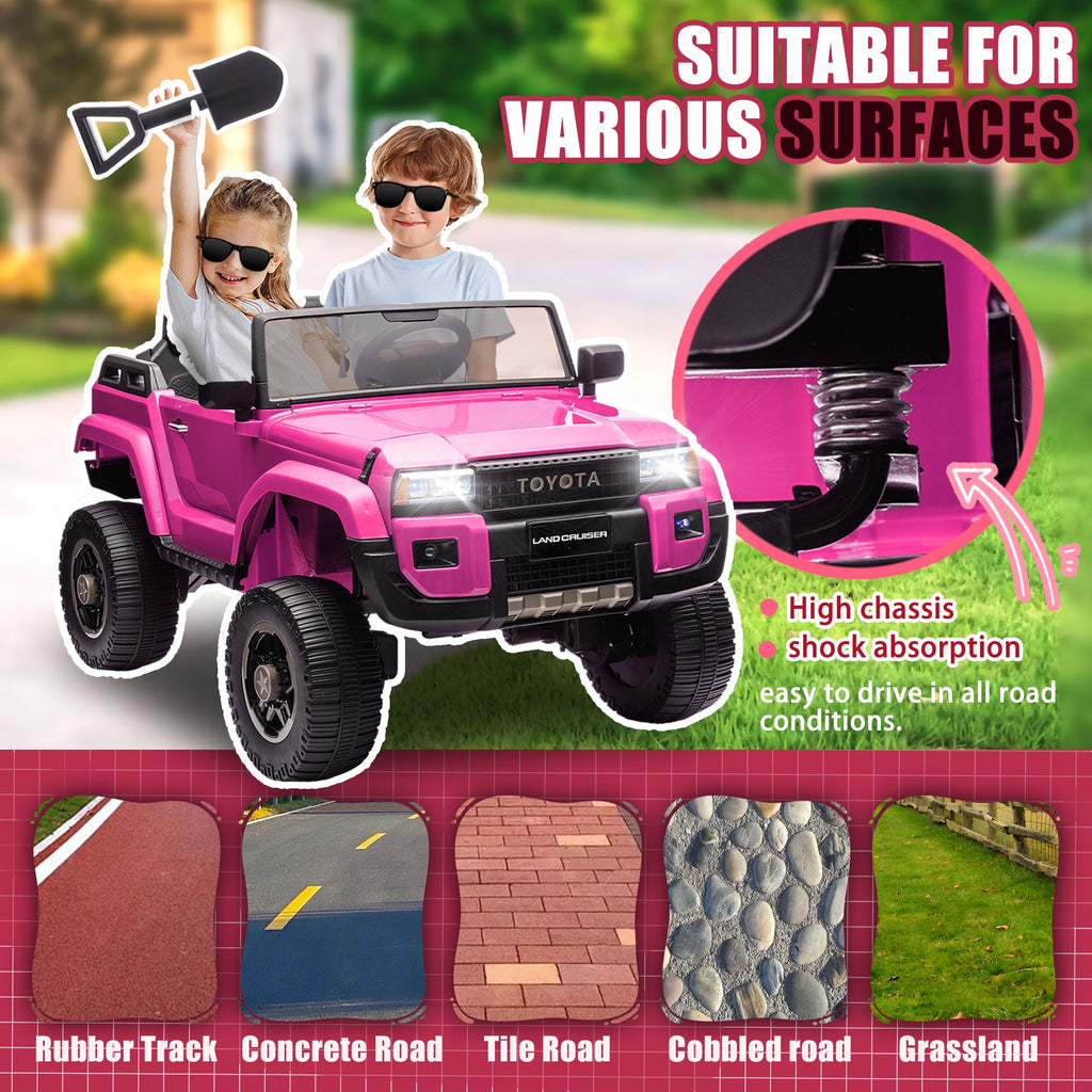Track 7 24V 2-Seater Ride on Car, Licensed Toyota LC 250 Electric Car with Remote Control, Music, Bluetooth, Front Storage Space, Shovel, Electric Ride on Truck for Boys Girls Age 3+, Pink