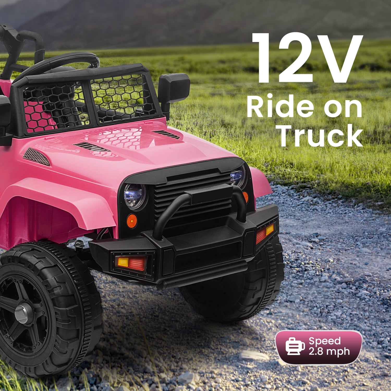 Track Seven Kids Ride on Truck, 12V Electric Car for Boys Girls Age 3+, Music, Ride on Car with Remote Control, Pink