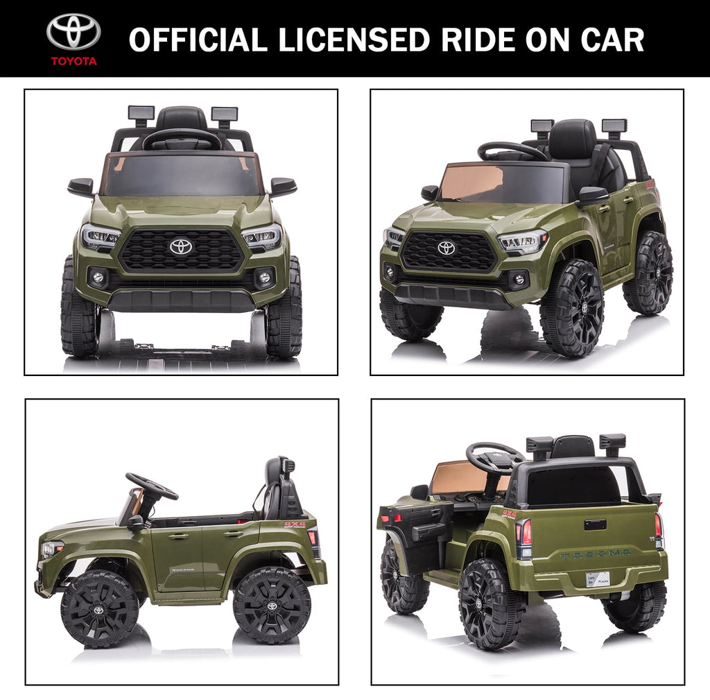 Track 7 Ride on Car with Remote Control, 12V Toyota Tacoma Electric Car for Boys Girls Age 3+, AUX/FM/USB, Storage Truck, Green