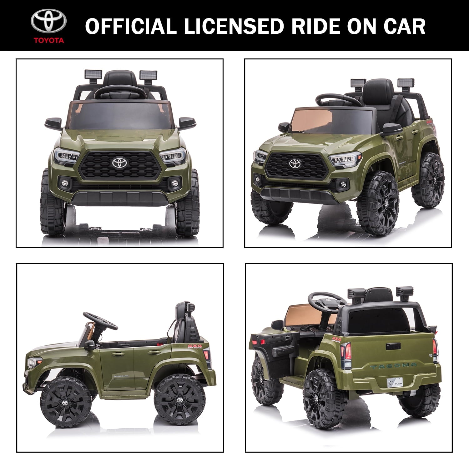 Track 7 Ride on Car with Remote Control, 12V Toyota Tacoma Electric Car for Boys Girls Age 3+, AUX/FM/USB, Storage Truck, Green