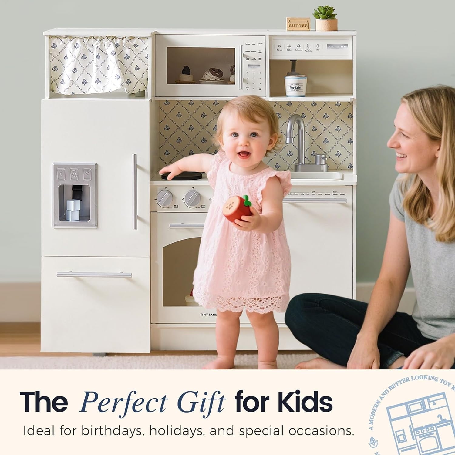 Track Seven Play Kitchen for Kids, Upgraded Wooden Kitchen Toy with Complete Play Areas, Pretend Cooking Set with Sink, Stove, Microwave, Toy Coffee Station & Storage for Kids Ages 3+, White