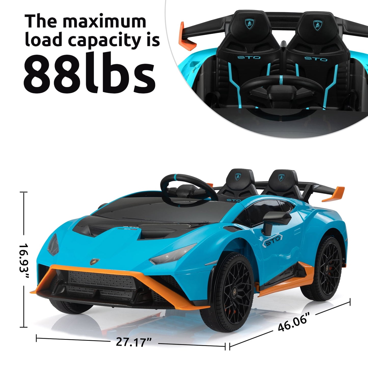 Track 7 12V Kids Ride on Car, Licensed Lamborghini STO Electric Car for Kids Age 3+, Remote Control, Music, Motorized Drift Electric Vehicle, Max Speed 5mph, Blue