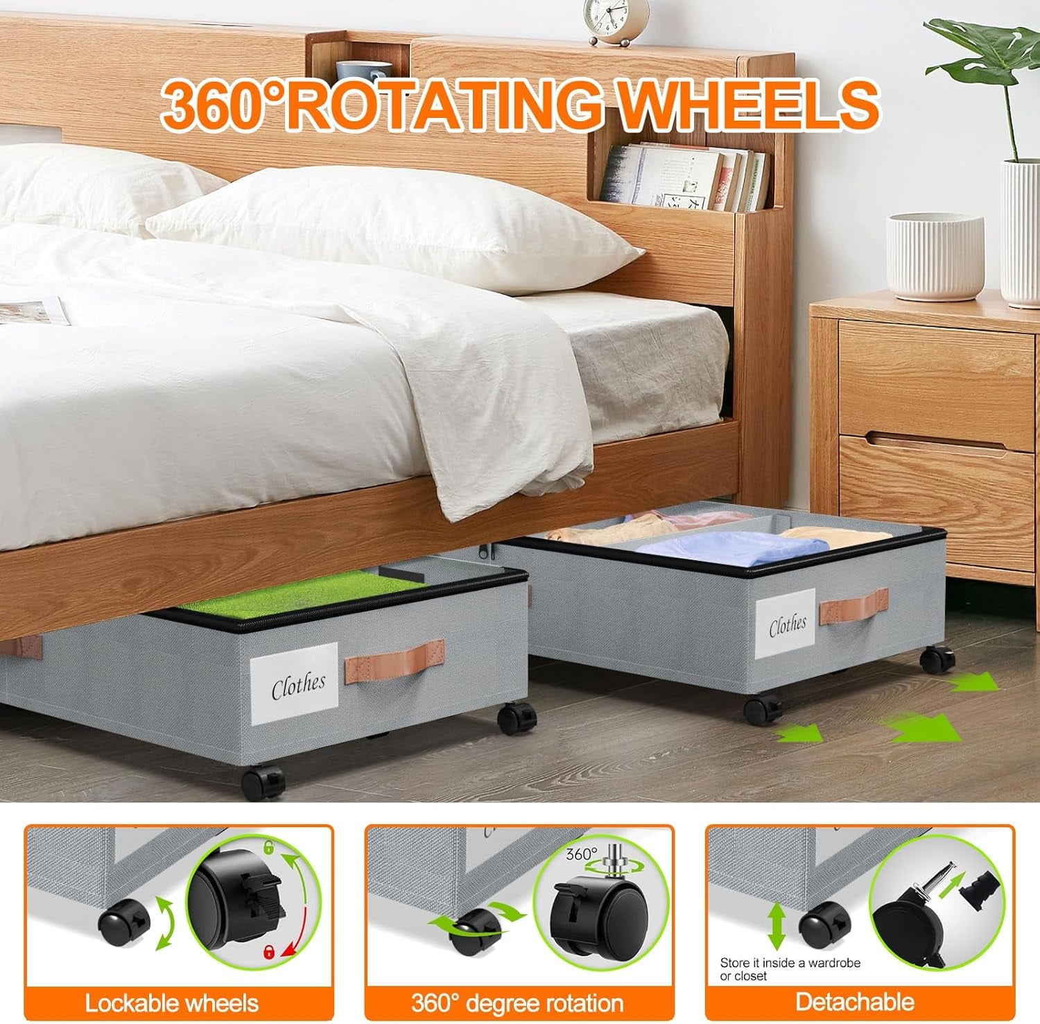 COOKCOK Under Bed Storage with Wheels, 2 Pack Under Bed Storage Containers with Dividers & Clear Lids, Under the bed storage Organizer Bins, Underbed Storage for Clothes, Toys, Shoes, Grey