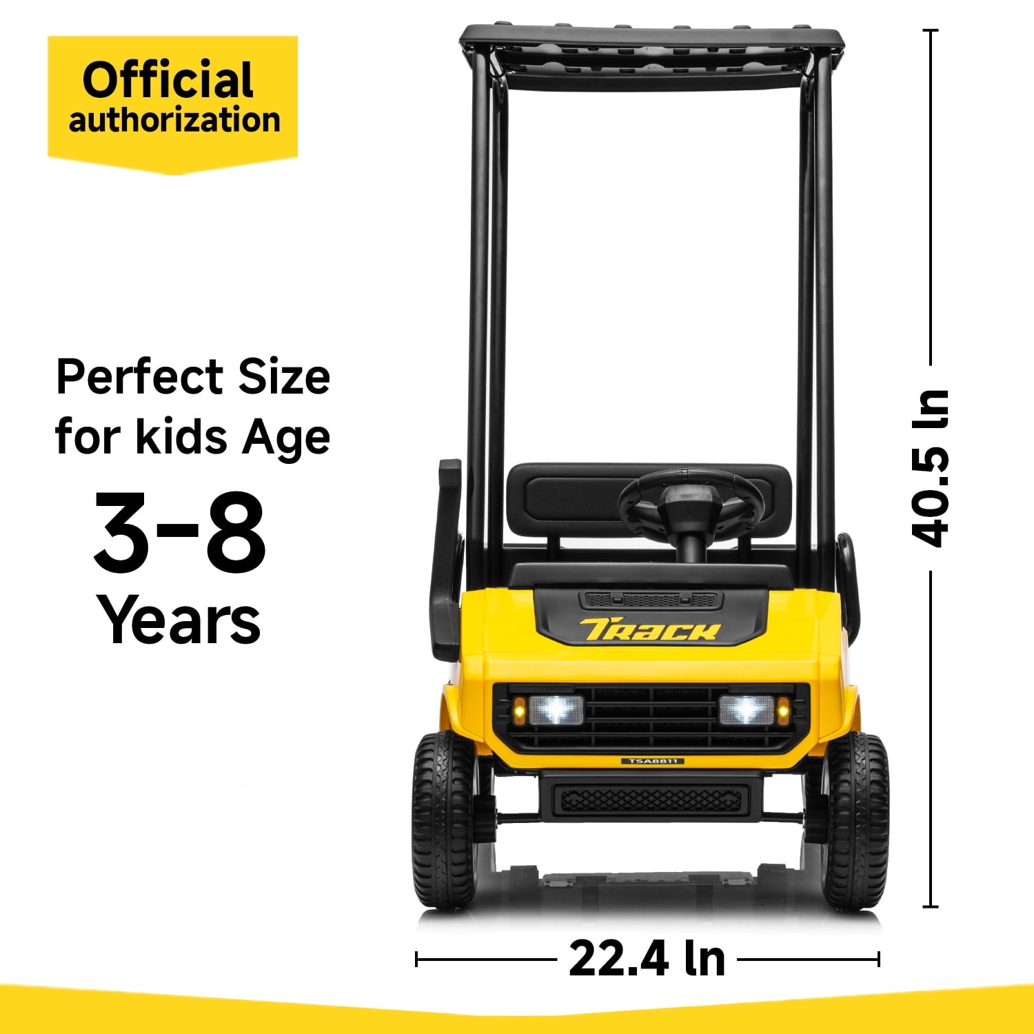 Track 7 24V Ride on Car, Electric Golf Cart with Ceiling, Ride on Truck with Remote Control, Music, Rear Storage Box, Electric Car for Boys Girls Age 3+, 18.5" Large Seat with Armrests, Yellow