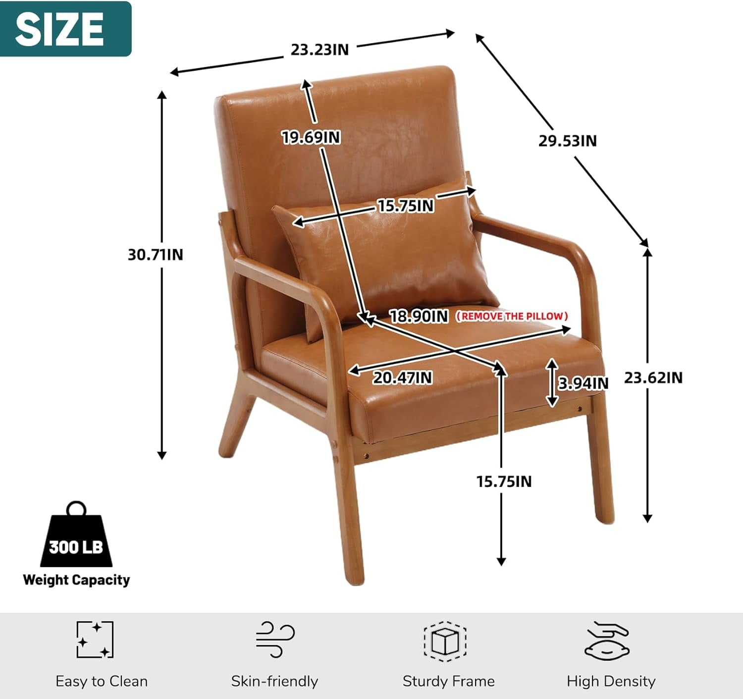 BISHE Mid Century Modern Accent Chair, Solid Wood Frame Lounge Armchair with PU Leather Upholstery & Included Pillow, Comfortable Reading Chair for Living Room or Office, PU Leather, Light Brown