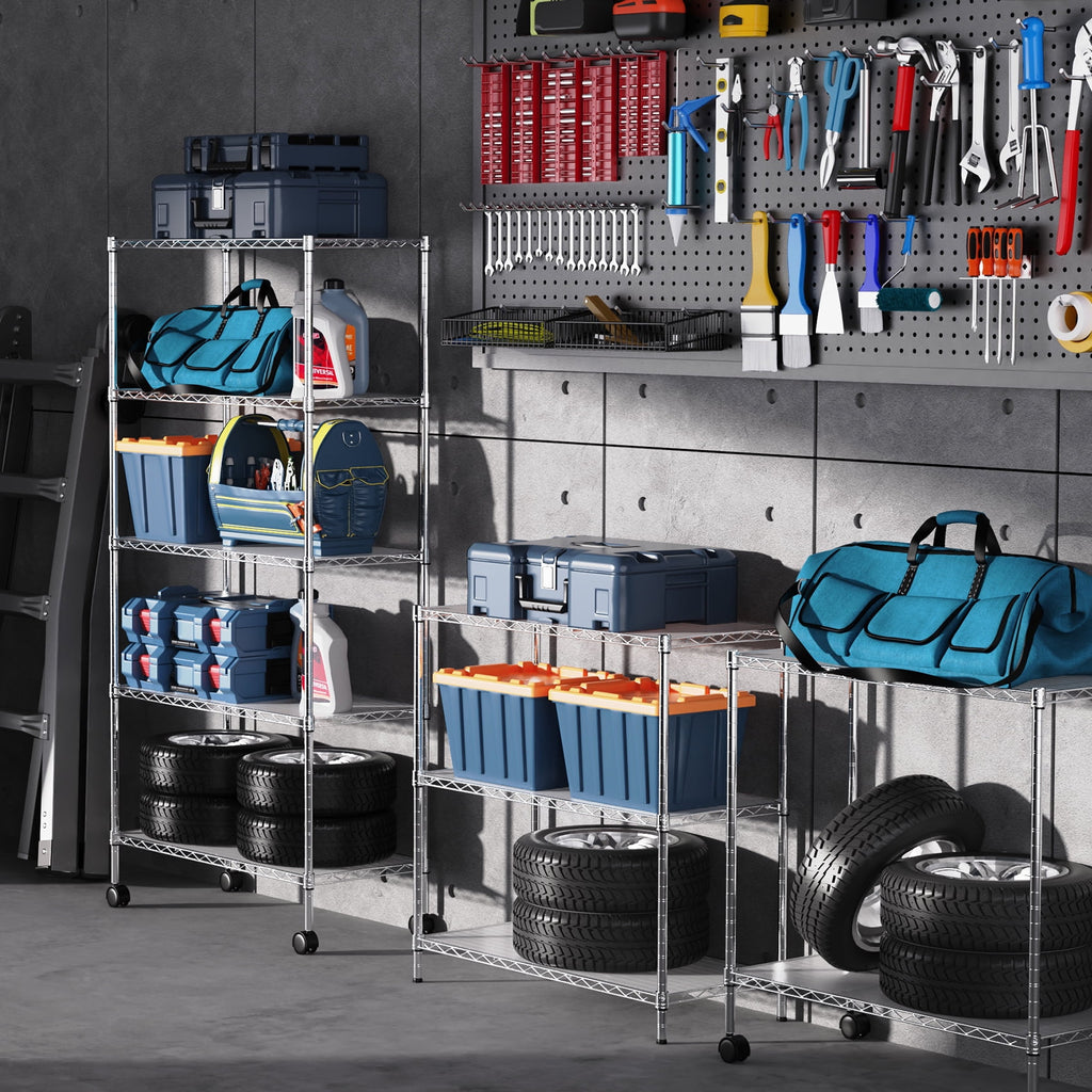 COOKCOK 5-Tier Wire Shelving Unit, Heavy Duty Metal Storage Shelves, 30" x 14" x 60" Height Adjustable Garage Shelf with PE Mat, 220lbs Capacity, NSF Wire Rack with Wheels, Chrome