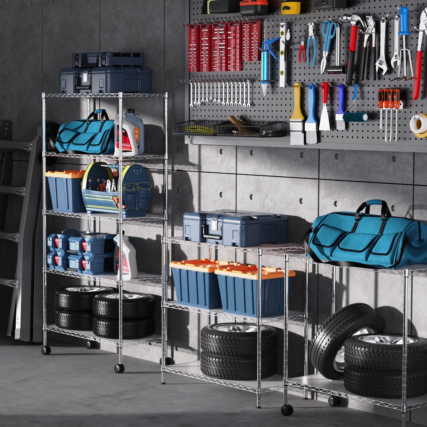 COOKCOK 5-Tier Wire Shelving Unit, Heavy Duty Metal Storage Shelves, 30" x 14" x 60" Height Adjustable Garage Shelf with PE Mat, 220lbs Capacity, NSF Wire Rack with Wheels, Chrome