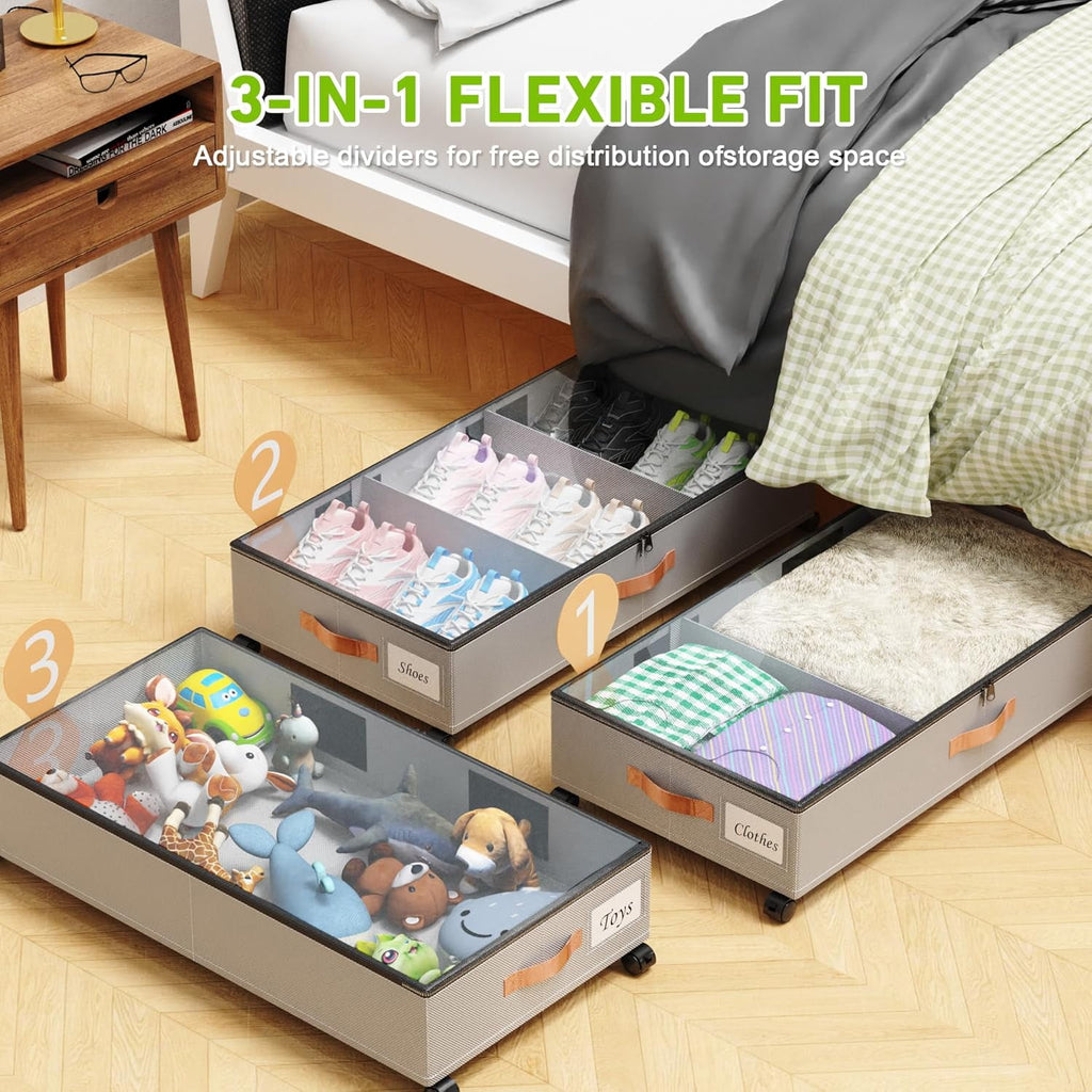 COOKCOK Under Bed Storage with Wheels, 2 Pack Under Bed Storage Containers with Dividers & Clear Lids, Under the bed storage Organizer Bins, Underbed Storage for Clothes, Toys, Shoes, Grey