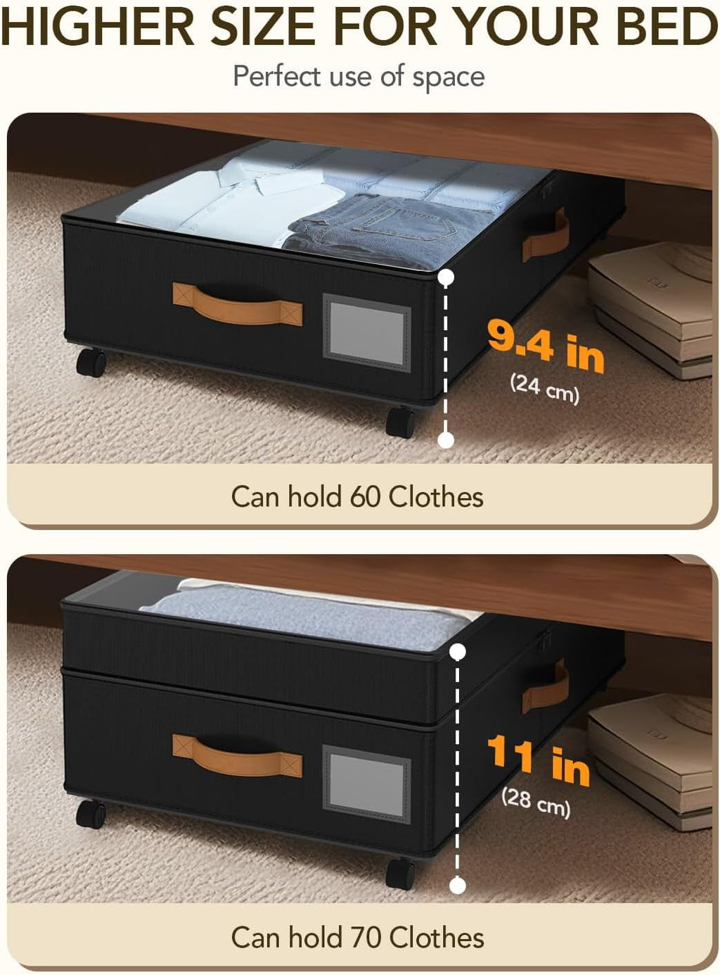 COOKCOK Under Bed Storage with Wheels, 72L XXL Under the Bed Storage Containers Large, 11‘’ Tall Adjustable Storage for Underbed with Lids, Rolling for Shoes, Clothes, Blankets, Black