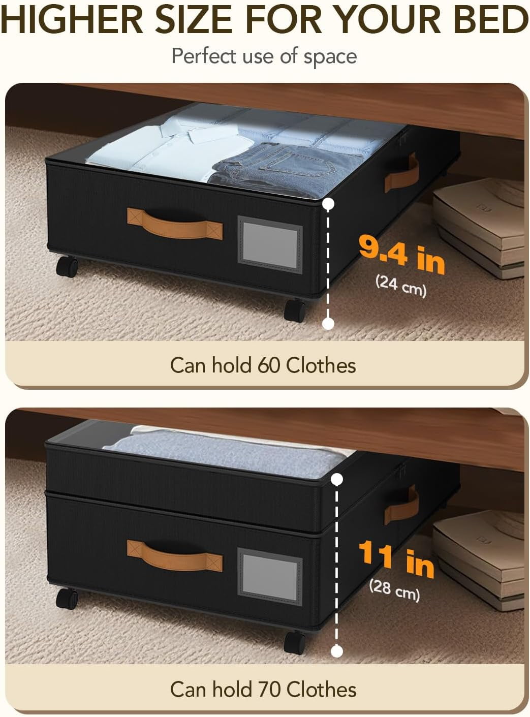 COOKCOK Under Bed Storage with Wheels, 72L XXL Under the Bed Storage Containers Large, 11‘’ Tall Adjustable Storage for Underbed with Lids, Rolling for Shoes, Clothes, Blankets, Black