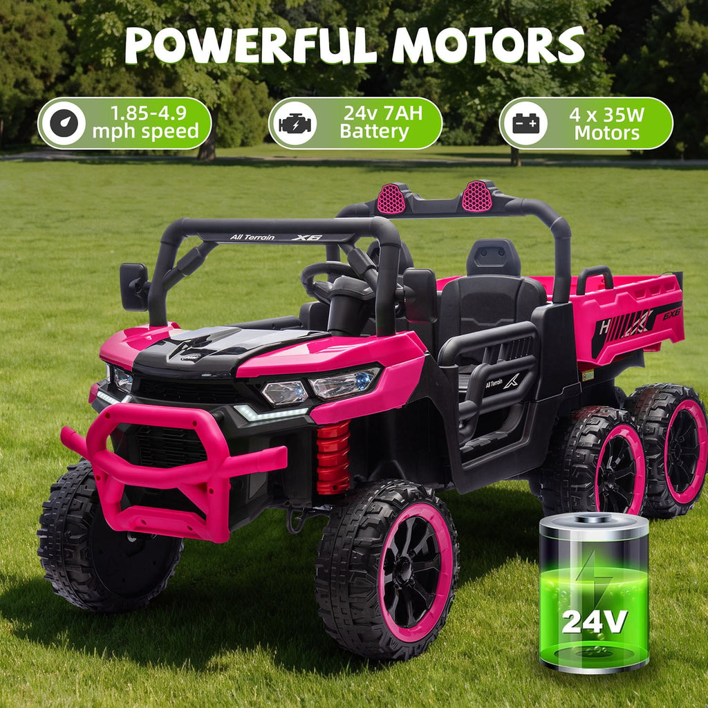 Track Seven 24V 2-Seater Ride on Dump Truck, 4WD 6-Wheel Kids Ride on Car w/Remote Control, Electric Dump Bed, Toy Shovel, Music, Max 5 mph, 20" Large Seat, Ride on Toy for Boys Girls Age 3+, Pink
