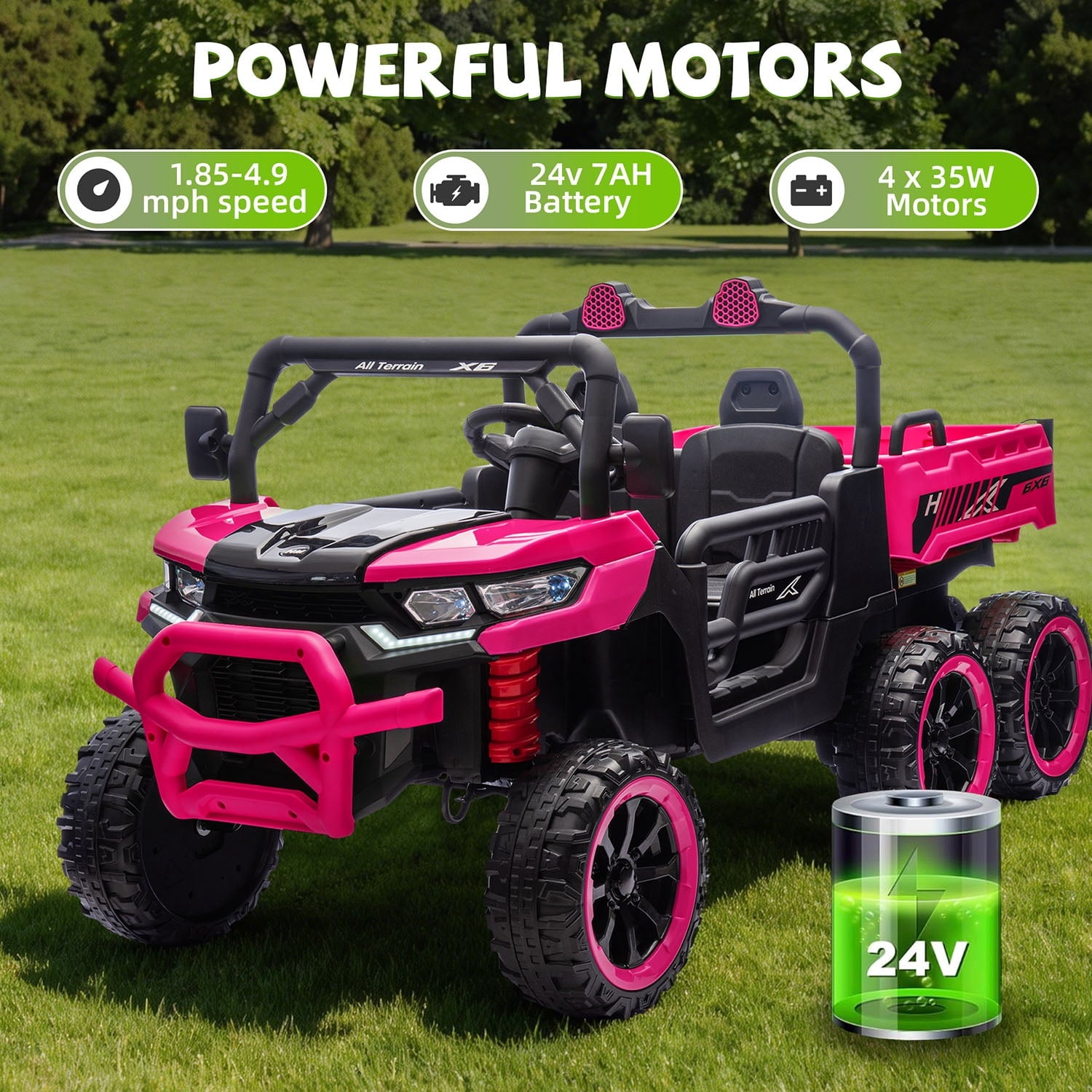 Track Seven 24V 2-Seater Ride on Dump Truck, 4WD 6-Wheel Kids Ride on Car w/Remote Control, Electric Dump Bed, Toy Shovel, Music, Max 5 mph, 20" Large Seat, Ride on Toy for Boys Girls Age 3+, Pink