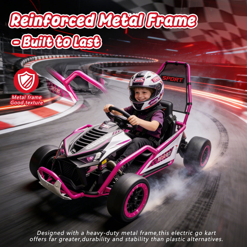Track Seven 24V Electric Go Kart for Kids, Drift Crazy Cart with 400W Motors, Max 7 Mph, Protective Roll Cage, Metal Frame, 5-Point Harness, Bluetooth, 24V Ride on Toy Car Kart for Kids Aged 6+, Pink