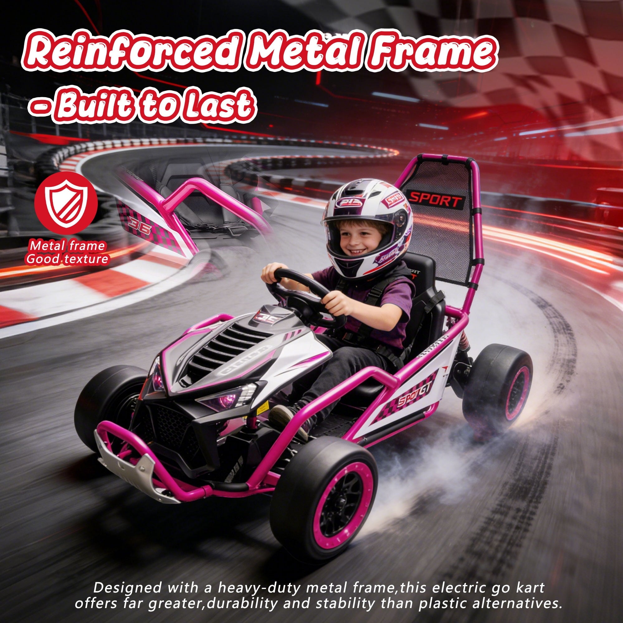 Track Seven 24V Electric Go Kart for Kids, Drift Crazy Cart with 400W Motors, Max 7 Mph, Protective Roll Cage, Metal Frame, 5-Point Harness, Bluetooth, 24V Ride on Toy Car Kart for Kids Aged 6+, Pink
