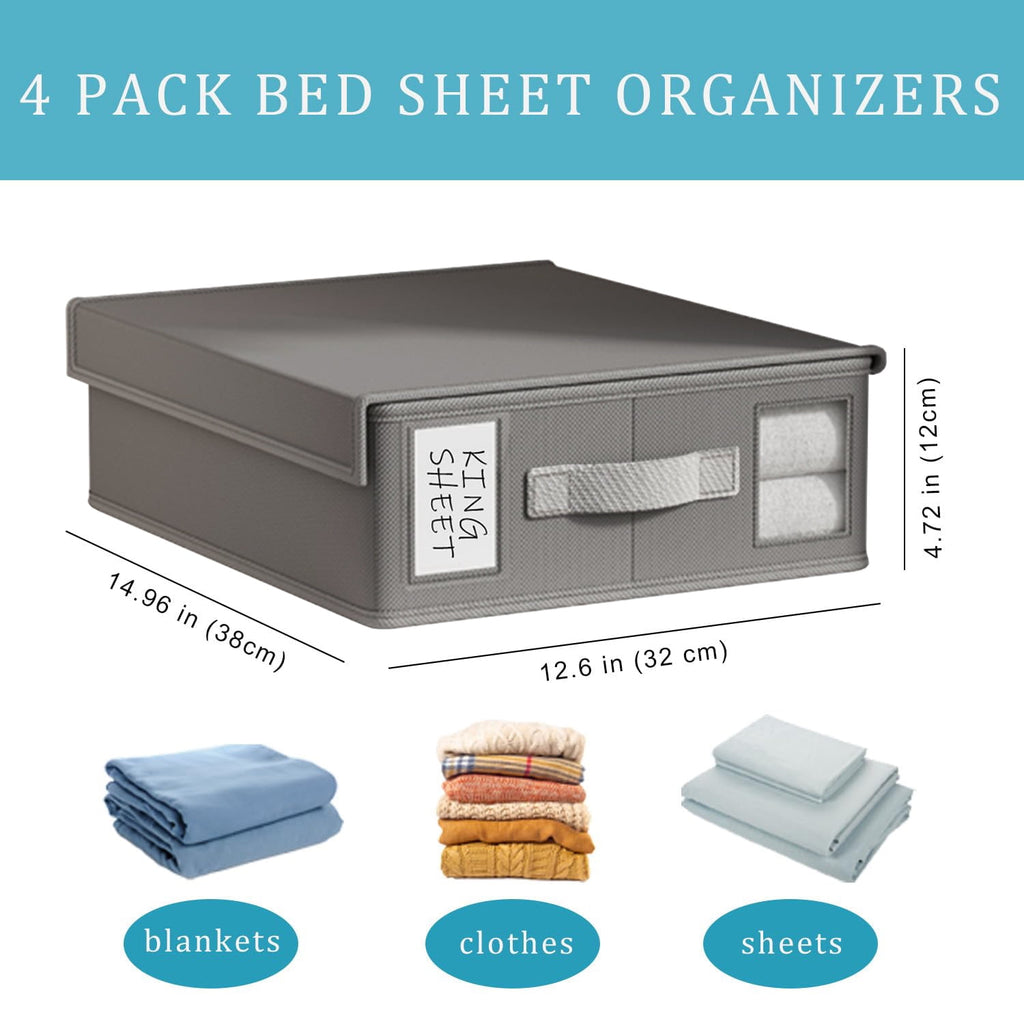 COOKCOK 4 Pack Bed Sheet Organizers and Storage, Foldable Sheet Organizer for Linen Closet, Sheets Set Folder Keeper with Window XL (Queen & King Size) Organizing Bedding Container, Grey