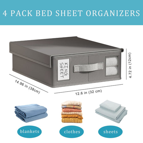 COOKCOK 4 Pack Bed Sheet Organizers and Storage, Foldable Sheet Organizer for Linen Closet, Sheets Set Folder Keeper with Window XL (Queen & King Size) Organizing Bedding Container, Grey