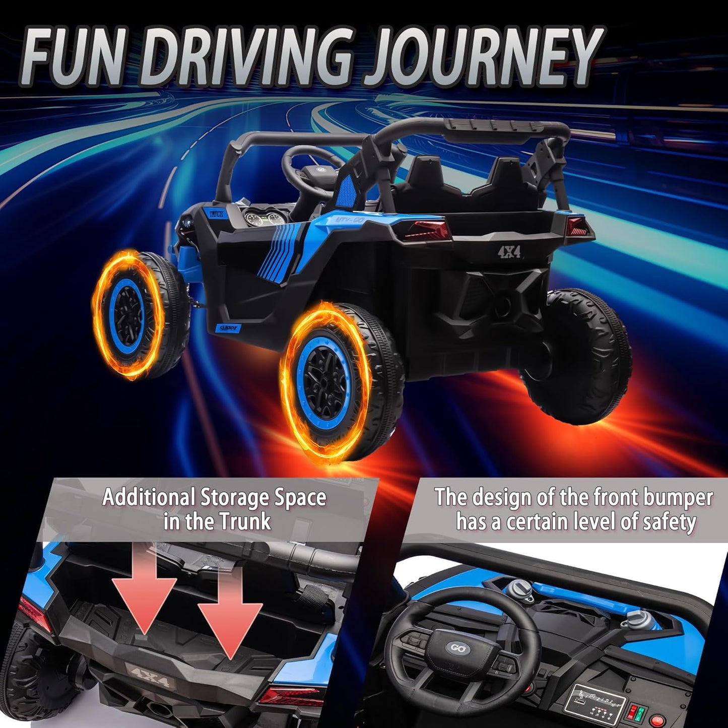 Track 7 24V 2-Seater Ride on UTV, 20" Large Seat, 2 x 200W Powerful Motors, 4.5 mph Max Speed, Ride on Car w/Remote Control, MP3, Lights, Battery Powered Electric Car for Boys Girls Age 3+, Blue