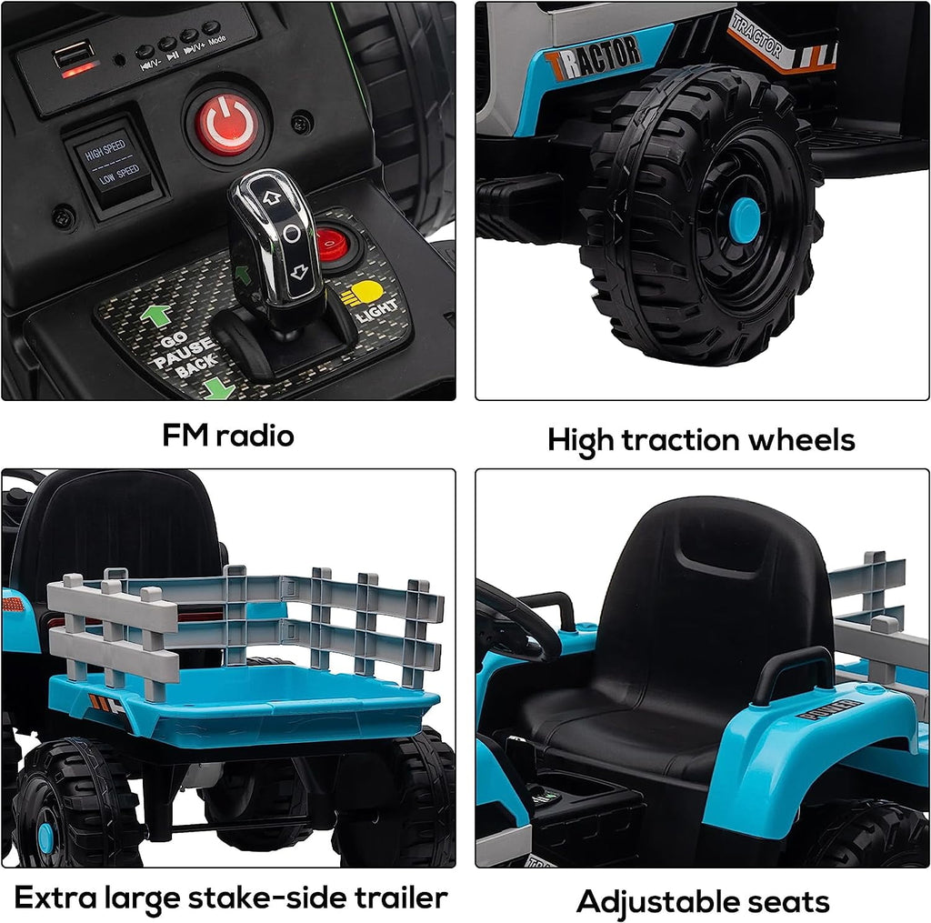 Track 7 12V Ride on Tractor with Trailer, Kids Electric Car with Remote Control, Bluetooth, MP3, LED Lights, 3-Gear-Shift Ground Loader, Ride on Car for Boys Girls, Blue