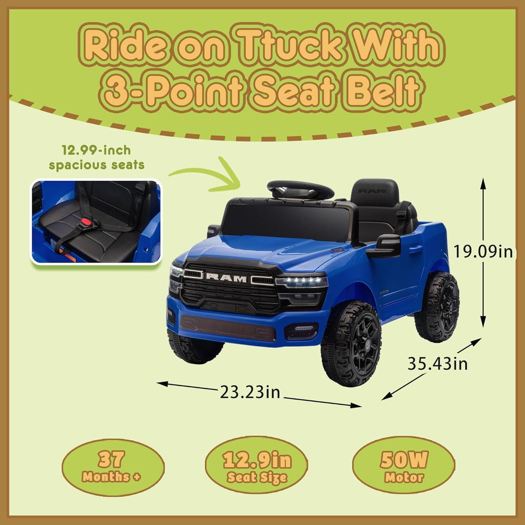 Track Seven 12V Ride on Car, Licensed Dodge RAM 3500 Ride On Truck with Remote Control, Rear Shock Suspension, LED Headlights, Low Battery Alarm, Bluetooth, Music, Ride on Toy for Kids Aged 3+, Blue