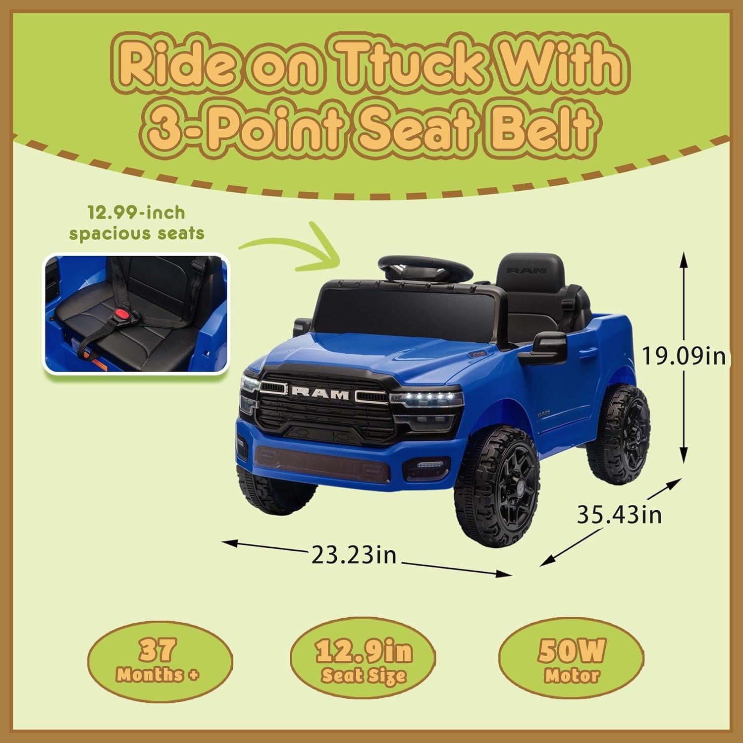 Track Seven 12V Ride on Car, Licensed Dodge RAM 3500 Ride On Truck with Remote Control, Rear Shock Suspension, LED Headlights, Low Battery Alarm, Bluetooth, Music, Ride on Toy for Kids Aged 3+, Blue