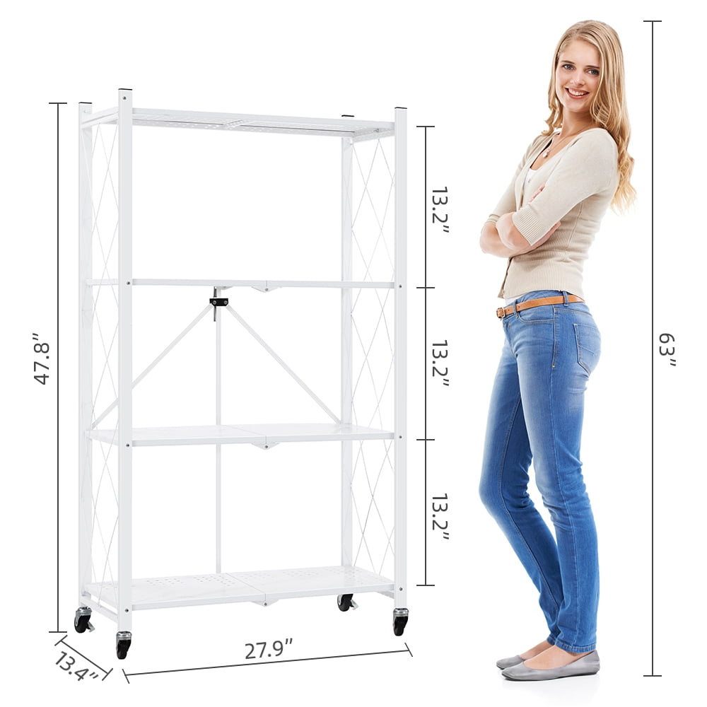 COOKCOK 4-Tier Storage Shelves, Foldable Shelving Units with Wheels, 27.9"x13.4"x 47.8", Freestanding Wire Shelf Rack with Hooks, No Assembly Organizer Rack for Garage Kitchen, White (Pack of 2)