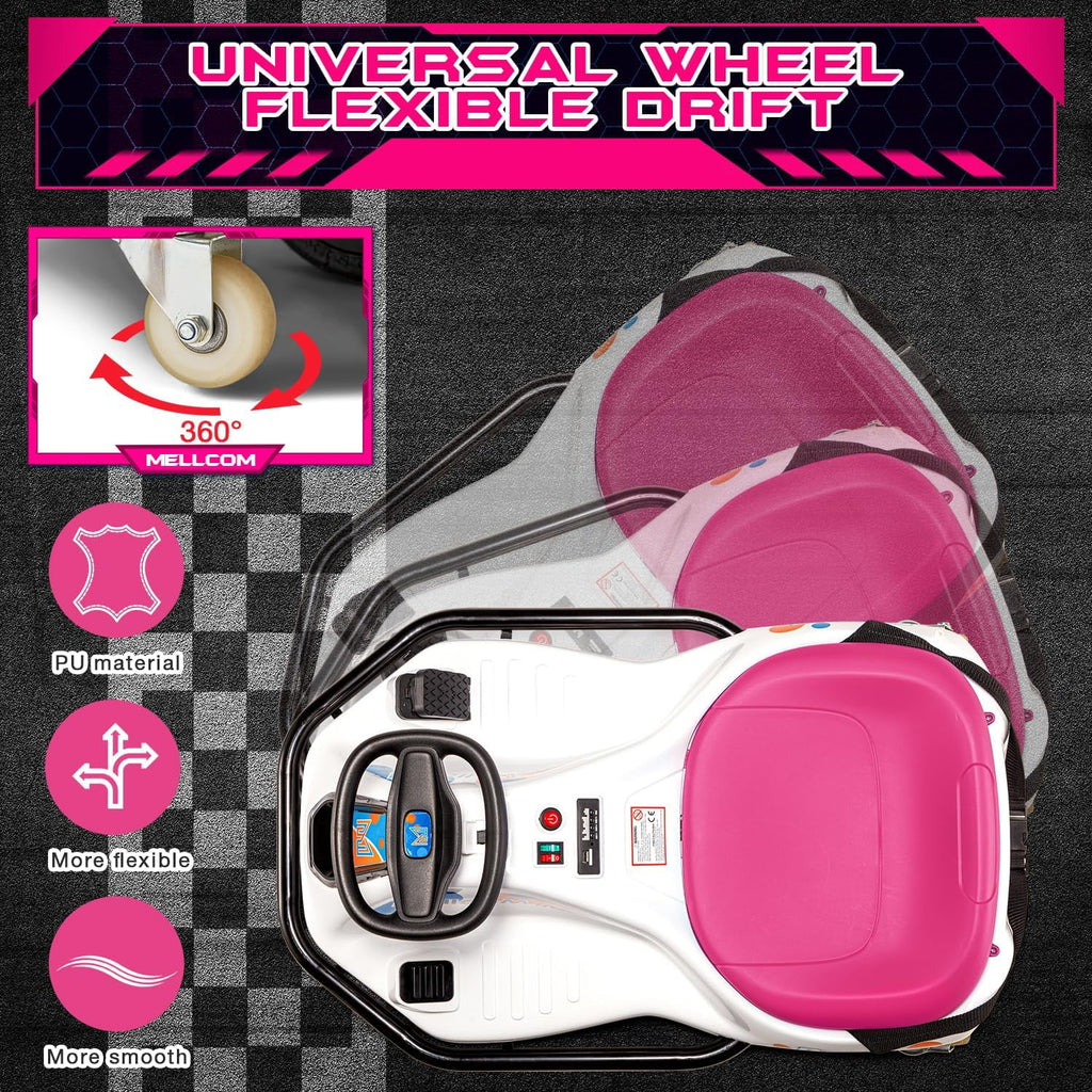 Track 7 24V Electric Drifting Go Kart for Kids, Kids Electric Go Kart w/360-Degree Spin, Music, Bluetooth, Flag, Drift Kart Up to 7.5 mph, Pink