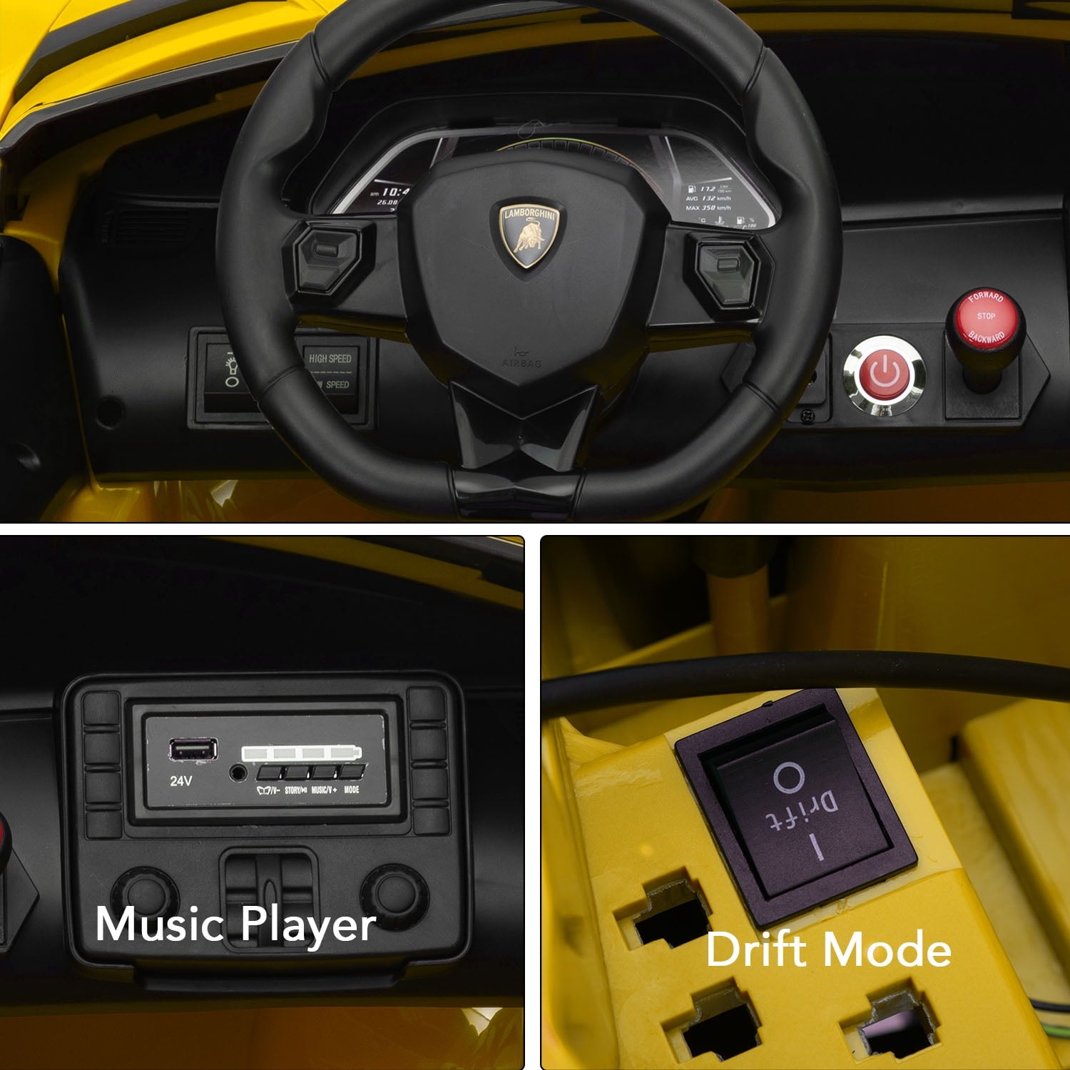 Track 7 24V Ride on Car, Licensed Lamborghini Drifting Car, 2-Seater Electric Car with Remote Control, MP3, LED Lights, PU Seat, Portable Handle, Yellow