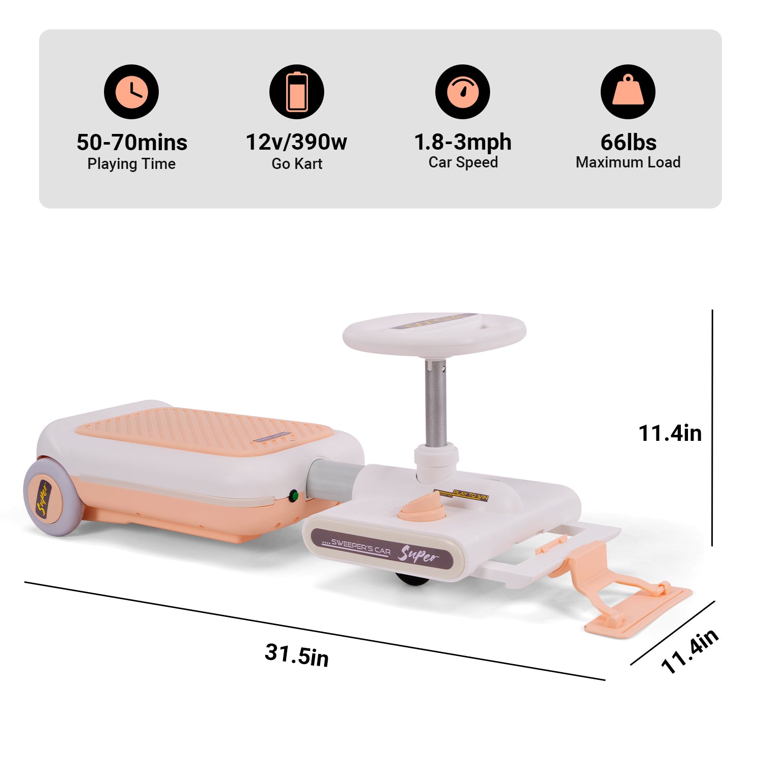 Track 7 12V Ride on Car, 12V Electric Go Kart with LED Lights, Music, Adjustable Length, Portable Go Kart with Mopping Kit, Electric Car for Boys Girls Age 2+, Pink