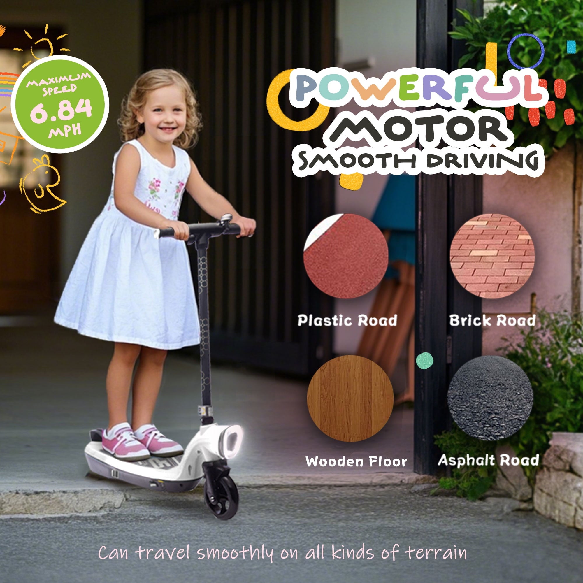 Track Seven 12V Electric Scooter for Kids, Front Big Light, Colorful Lights, Bell, 6.5" Wide Pedal, Rear Wheel Brake, Max 6.84MPH, Kids Electric Kick Scooters for Teens Boys Girls Aged 6+, White