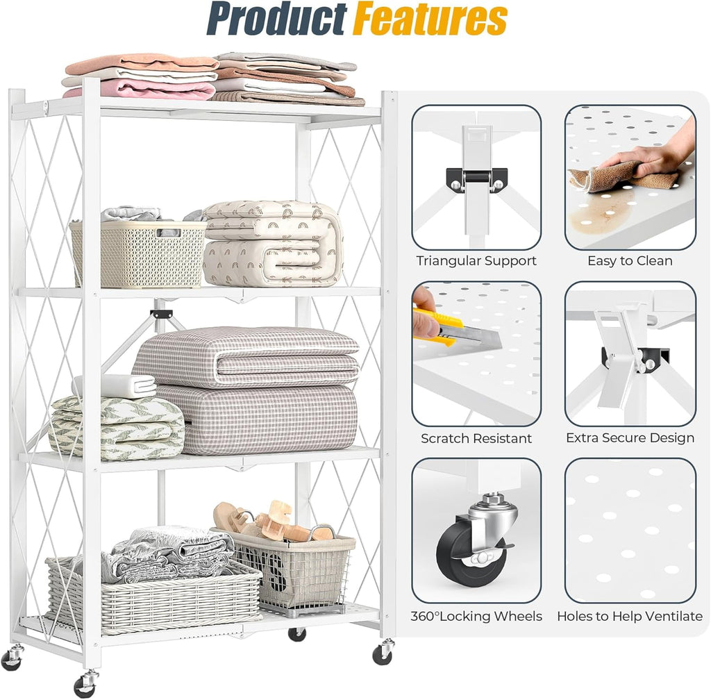 COOKCOK 4-Tier Storage Shelves, Foldable Shelving Units with Wheels, 27.9"x13.4"x 47.8", Freestanding Wire Shelf Rack with Hooks, No Assembly Organizer Rack for Garage Kitchen, White (Pack of 2)