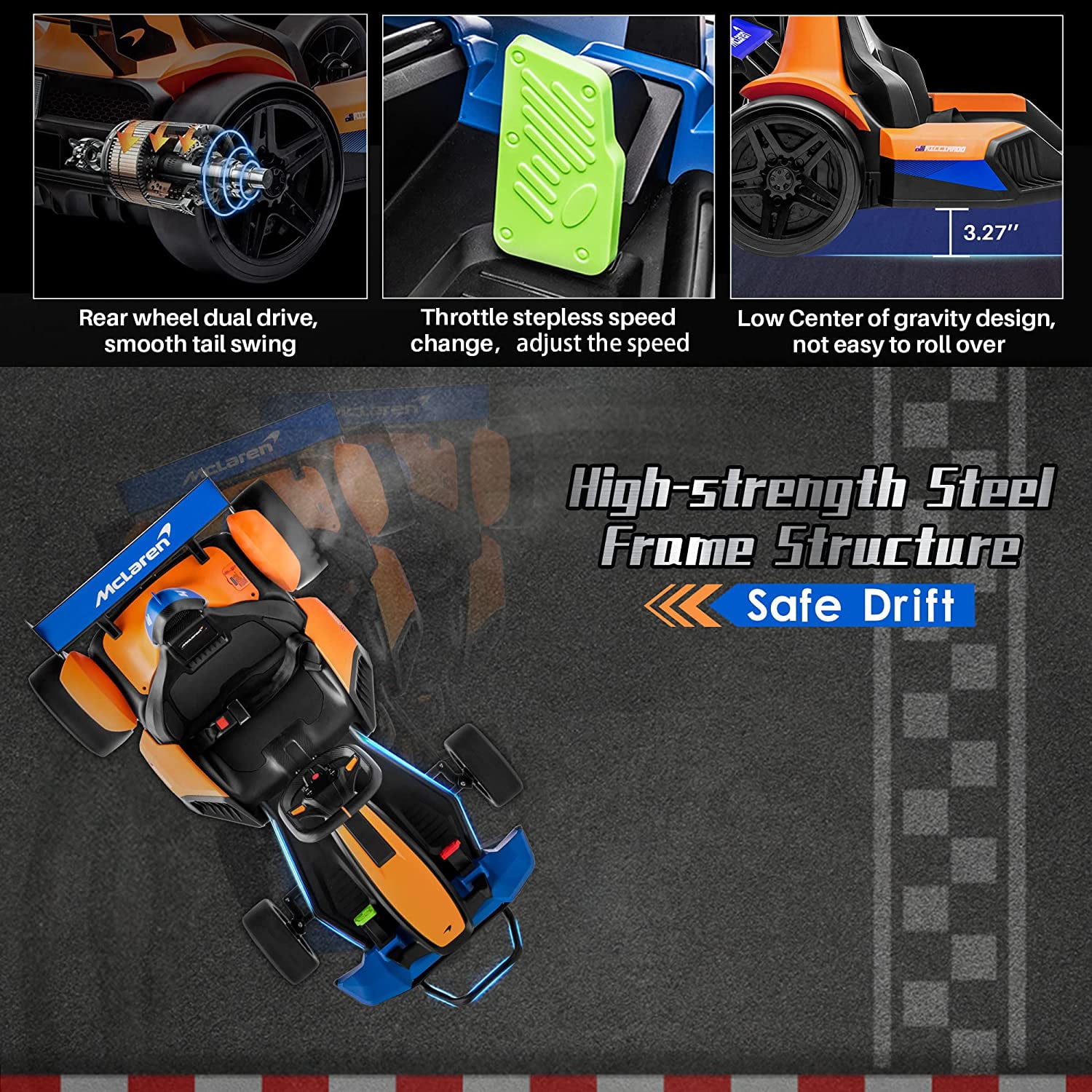 Track 7 Kids Electric Go Kart, 24V McLaren Electric Go Kart, LED Light & Racing Flag, for Age 6+