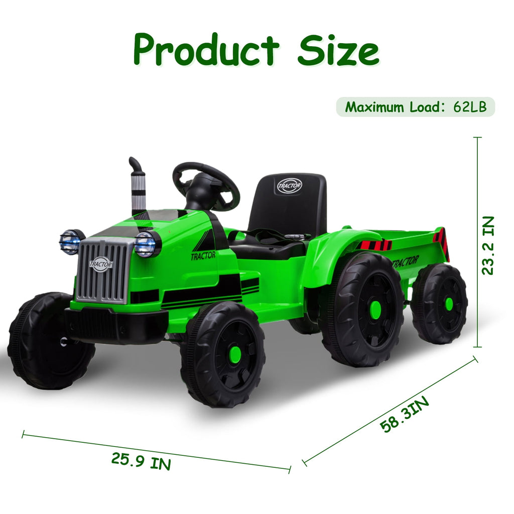 Track 7 12V Ride on Tractor with Trailer, 6-Wheel Electric Truck for Boys Girls, Kids Ride on Car with Remote Control, Music, Lights, Green