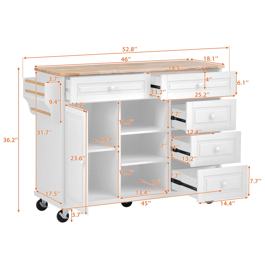 COOKCOK Kitchen Cart with Wood Countertop, Rolling Mobile Kitchen Island Cart with 5 Drawers, Open Storage Shelves, Towel Rack, 53" Width, White
