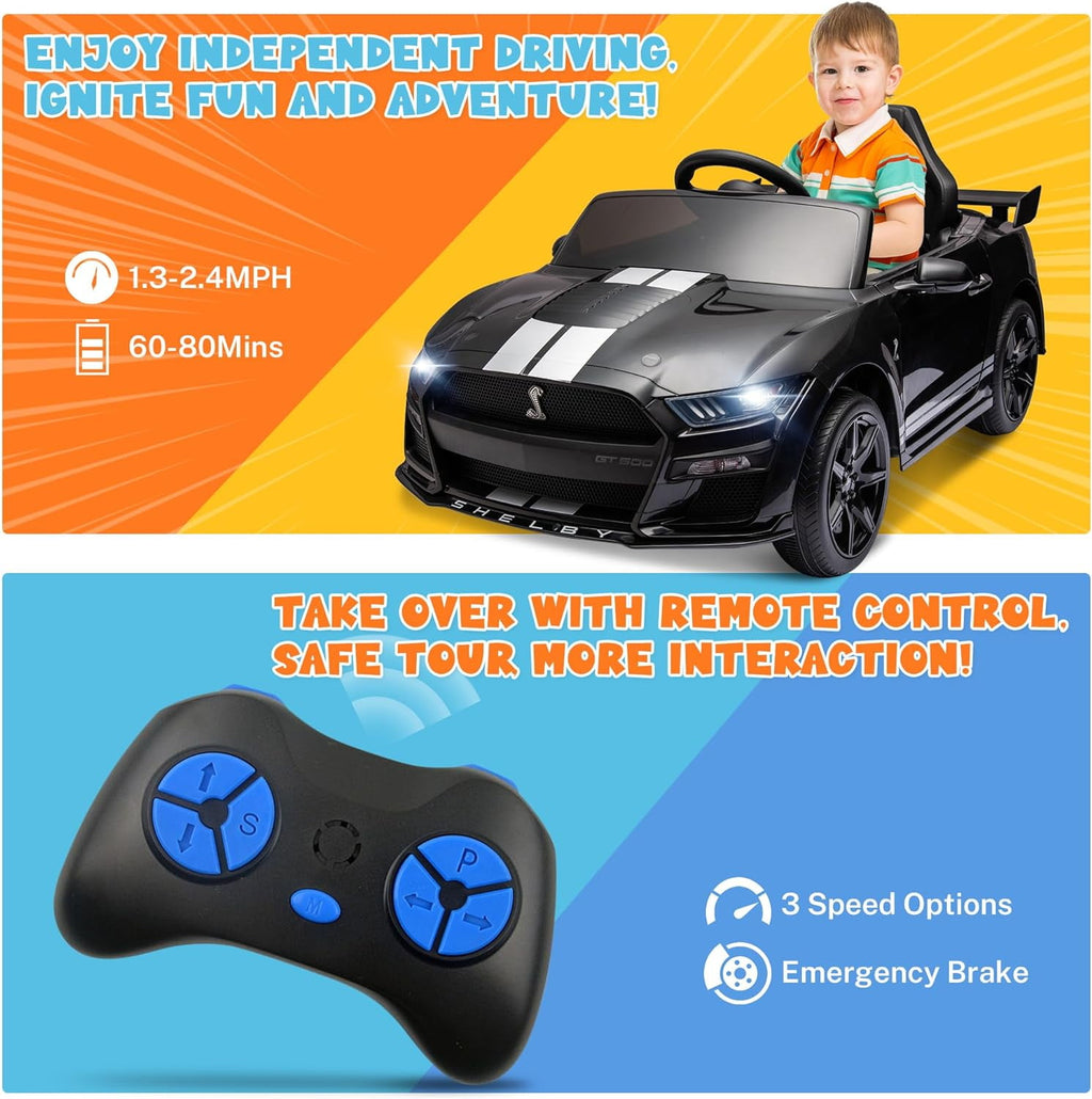 Track 7 12V Ride on Car, Licensed Ford Mustang Shelby GT500 Ride on Car with Remote Control, LED Lights, Music & Bluetooth, Electric Car for Boys Gilrs Age3+, Red