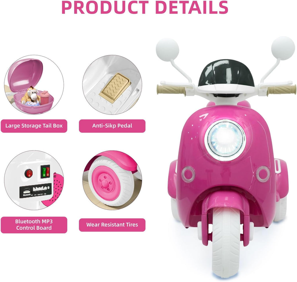 Track Seven 12V Kids Ride on Motorcycle, 2 Seats Kids Motorcycle, 3 Wheels Powered Motorbike for Kids, Mp3, Bluetooth, Headlight, Storage Box for Kids Aged 3+, Rose Red