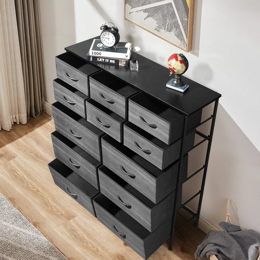 COOKCOK Fabric Dresser with 12 Drawers - Storage Tower with Large Capacity, Organizer Unit for Living Room - Sturdy Steel Frame, Easy Pull Fabric Bins & Wooden Top