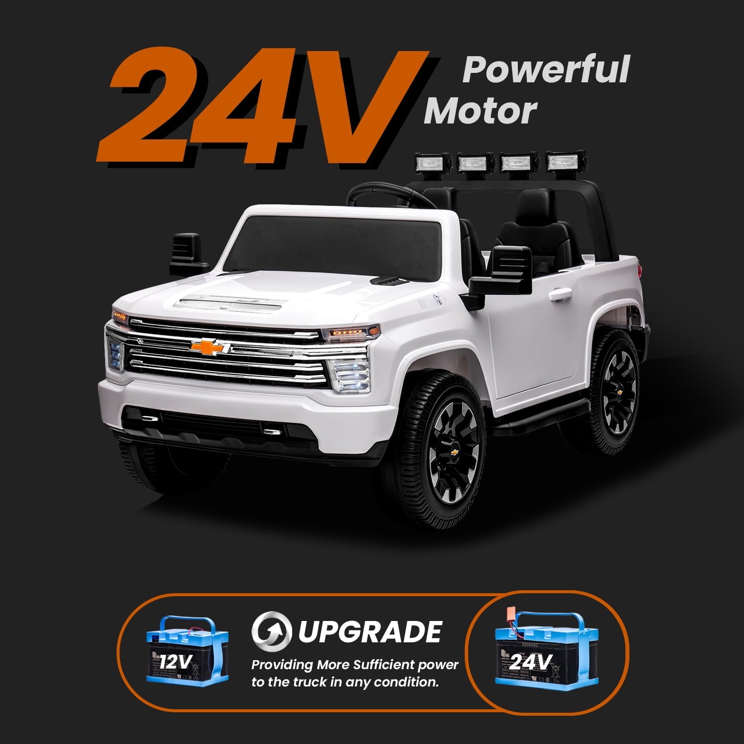 Track Seven 24V Ride on Car, Licensed Silverado HD 2 Seater Electric Car for Boys Girls Age 3+, 24V Ride on Truck w/Remote Control, Music, ABC, White