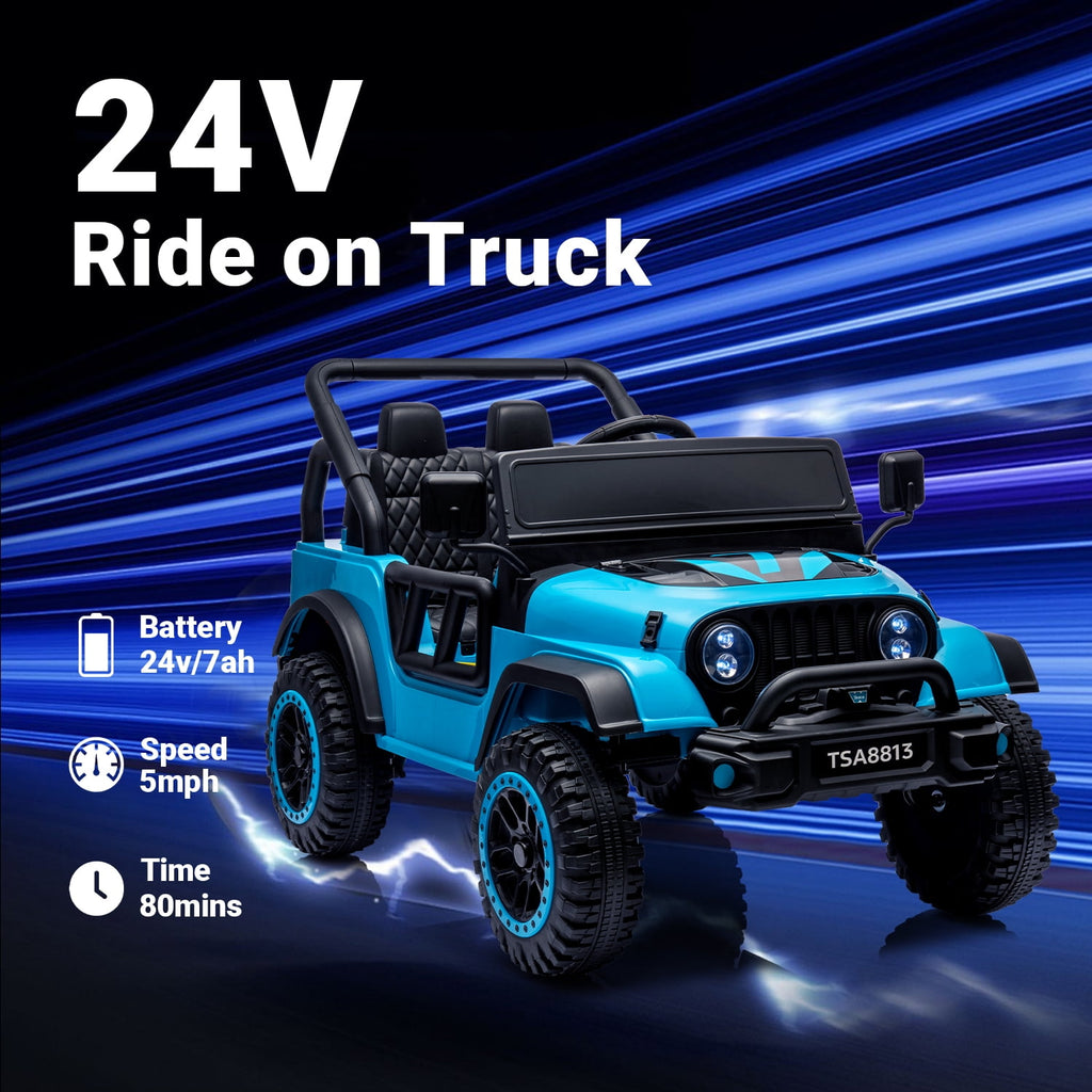 Track 7 24V Ride on Truck, Electric Car for Boys Girls Age 3+, Ride on Car with Remote Control, Music, Bluetooth, Spring Suspension, Max Speed 5 mph, Blue