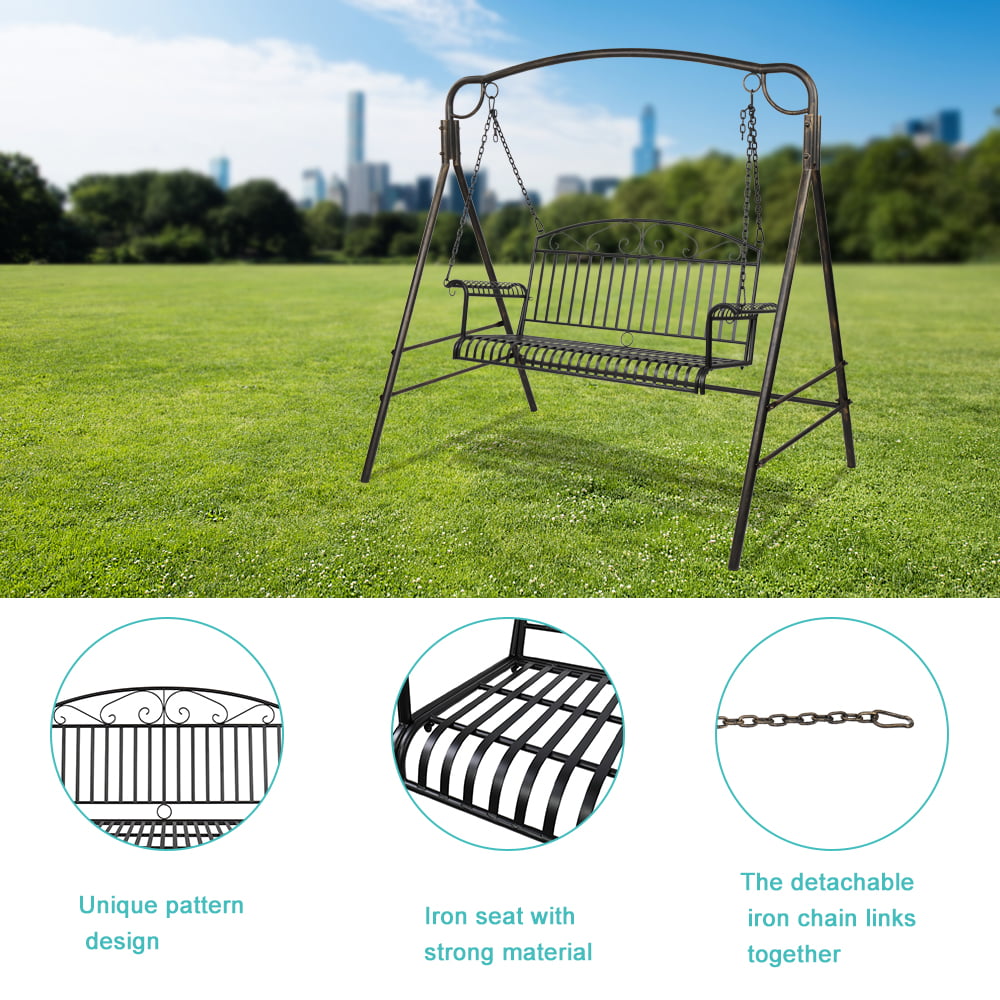 COOKCOK Double Metal Patio Swing Chair, for Outdoors, Gardens & Yards, 660lbs Weight Capacity, Black