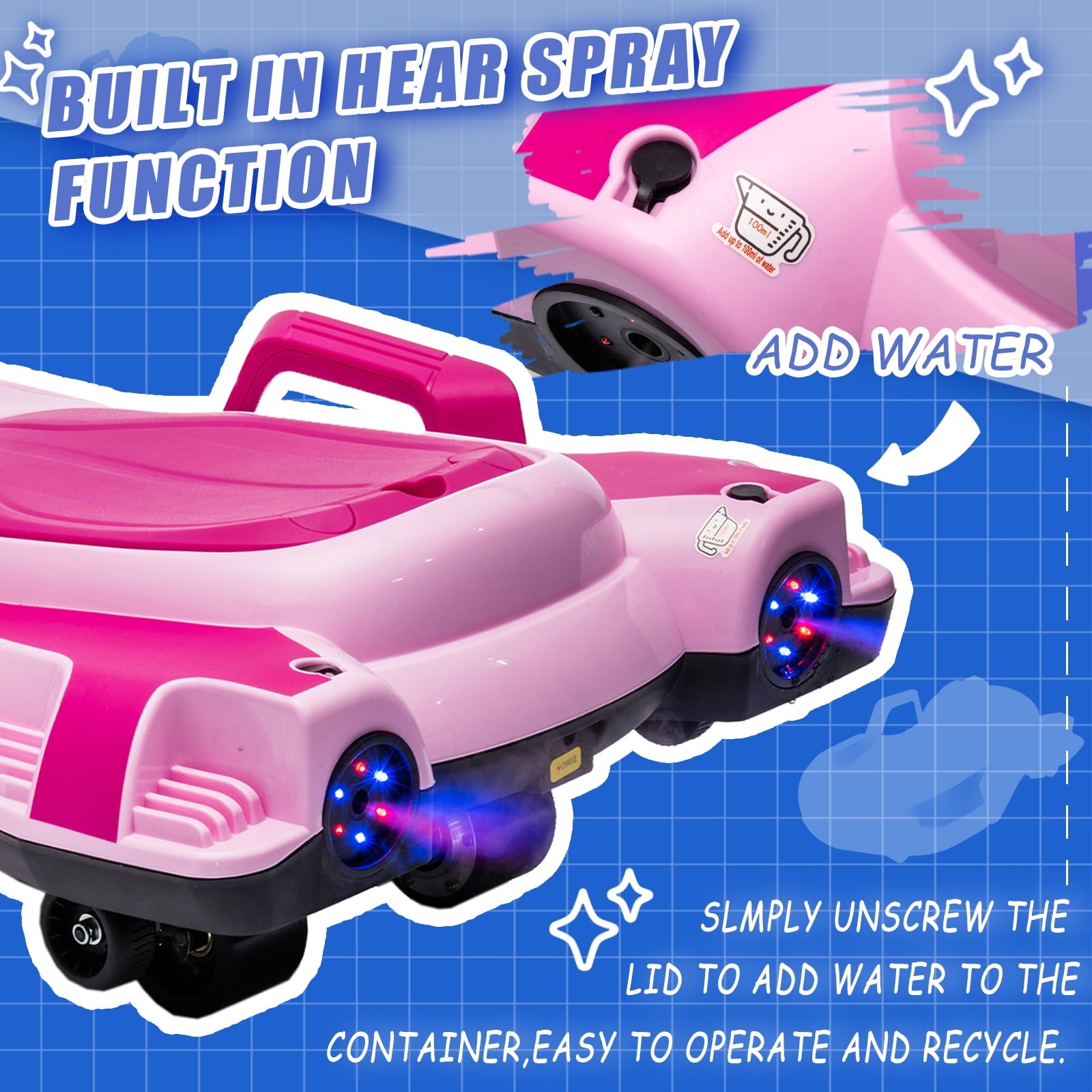 Track 7 24V Ride on Car with Helmet, Knee Pads, Gloves, Devilfish Pattern Ride on Electric Scooter with Spray Function, Gravity Steering, Music, Handrails, Max Speed 6.84 mph, Pink