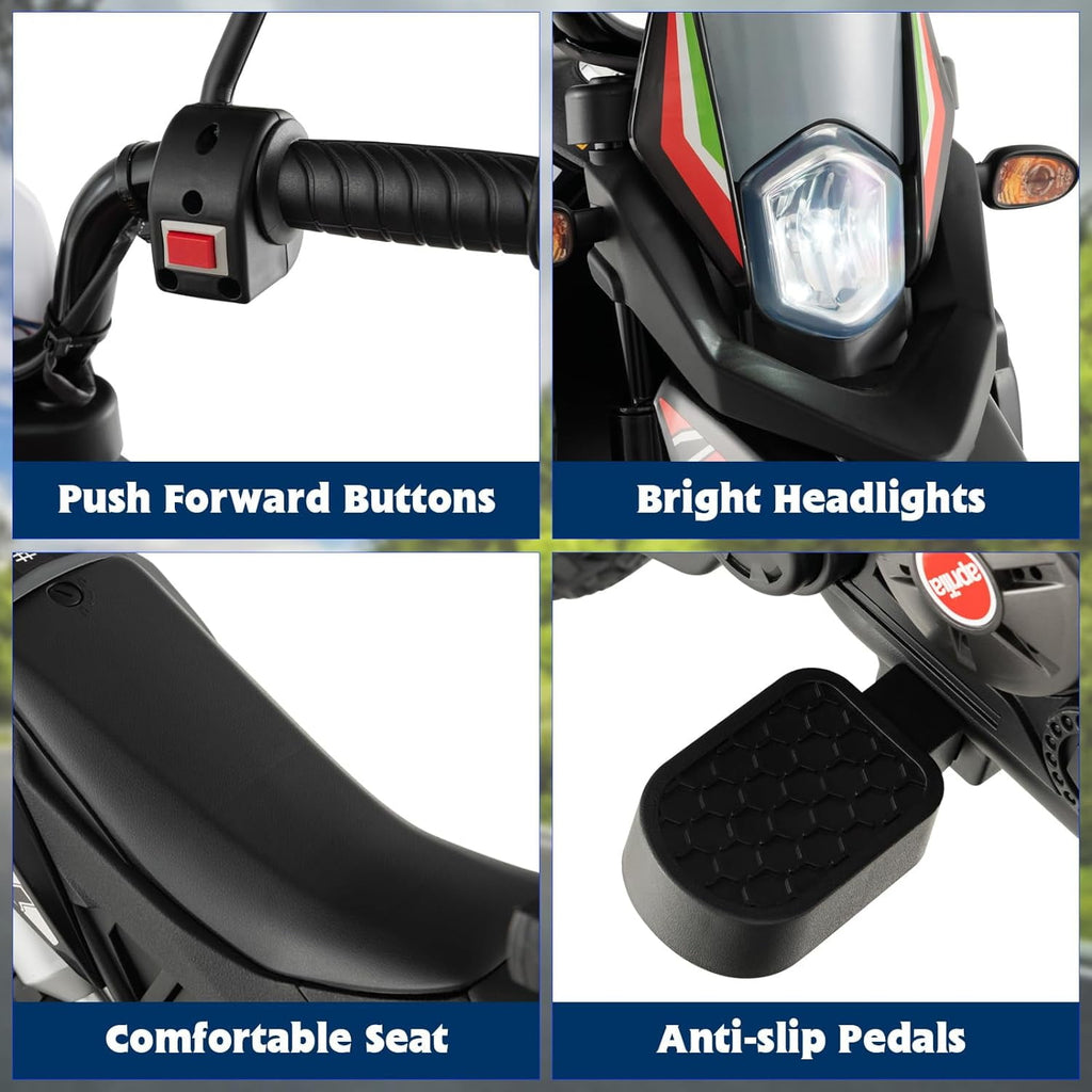 Track 7 12 V Ride on Motorcycle, Licensed Aprilia RX125 Kids Electric Motorcycle with Training Wheels, Spring Suspension, LED Lights, Music, White