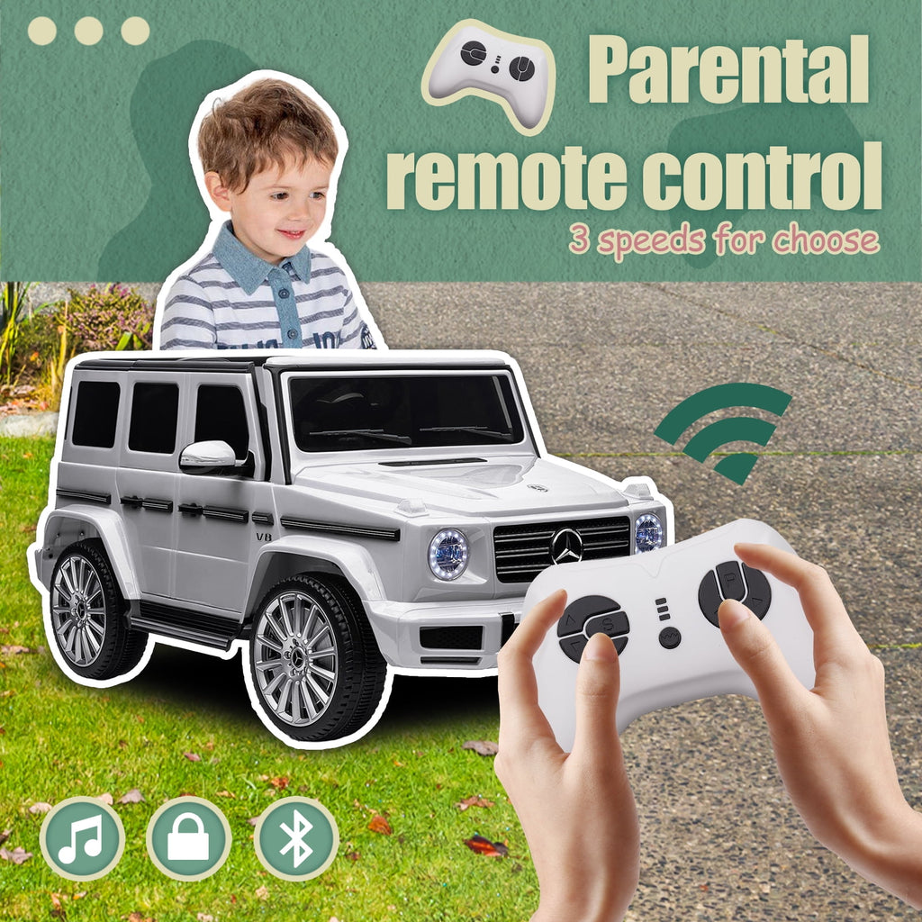 Track 7 24V Ride on Car, Licensed Mercedes-Benz G500 Electric Car with Remote Control, USB, Bluetooth, LED Lights, Ride on Truck for Boys Girls Age 3+, White