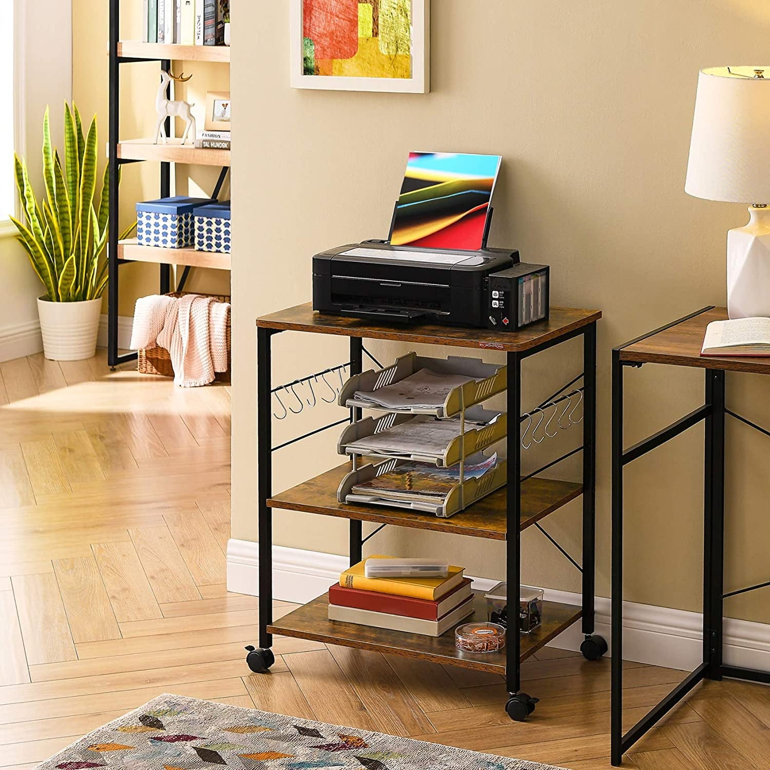 COOKCOK Baker's Rack, Kitchen Microwave Cart, Coffee Bar Table Station, 3-Tier Kitchen Utility Storage Shelf with Rolling Wheels , 10 Hooks, Brown