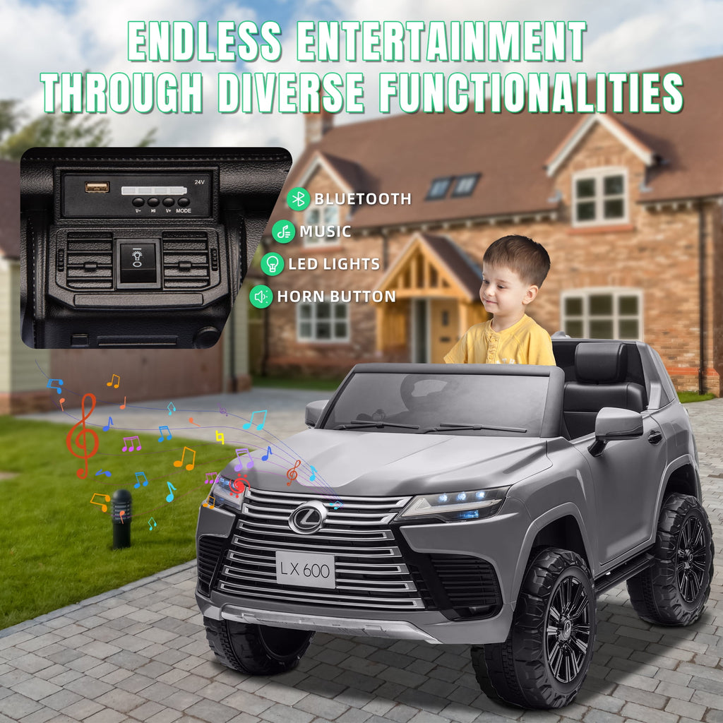 Track 7 24V 2 Seater Ride on Car, Licensed LEXUS LX600 Electric Car with Remote Control, 20" Width Seat, Bluetooth, LED Lights, Key Start, Portable Handle, 24V Ride on for Boys Girls Age 3+, Grey