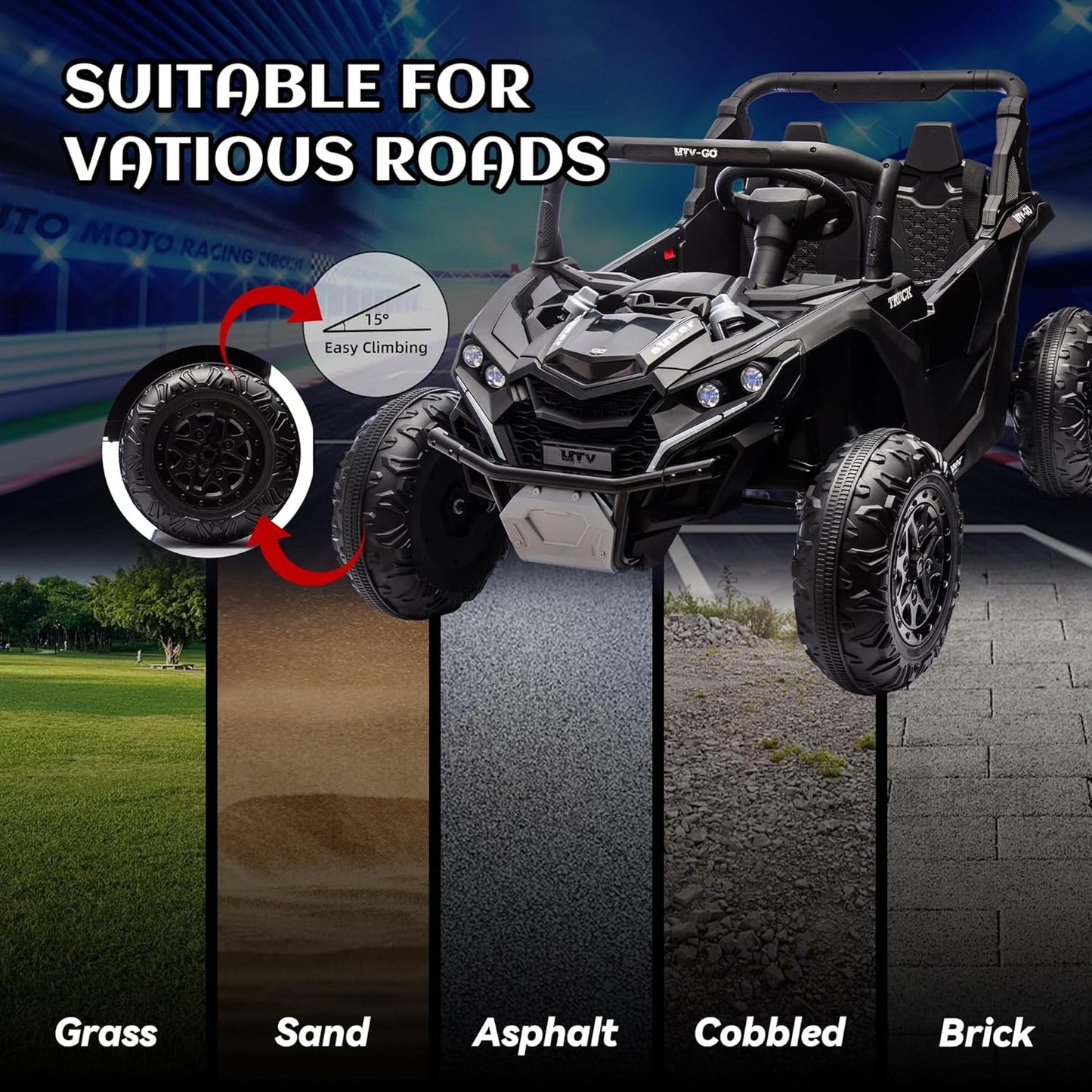 Track 7 24V 2-Seater Ride on UTV, 20" Large Seat, 2 x 200W Powerful Motors, 4.5 mph Max Speed, Ride on Car w/Remote Control, MP3, Lights, Battery Powered Electric Car for Boys Girls Age 3+, Blue